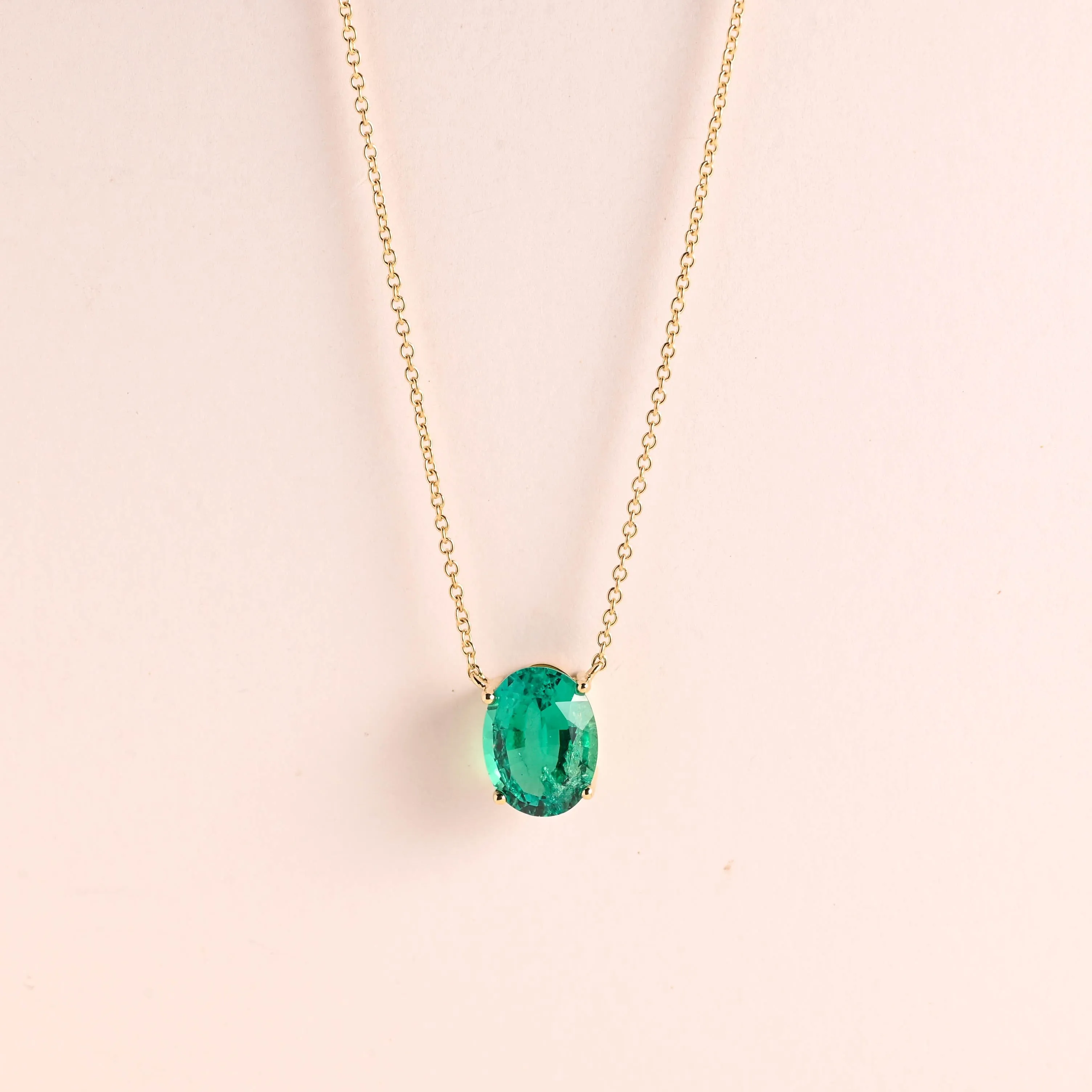 Solid Gold Green Oval Cut Lab Emerald Pendant Necklace sold by Causyou product image thumbnail 5