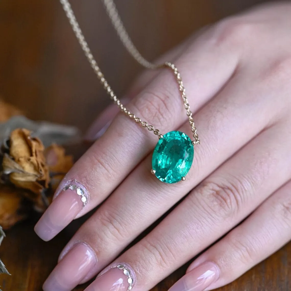 Solid Gold Green Oval Cut Lab Emerald Pendant Necklace sold by Causyou product image thumbnail 4