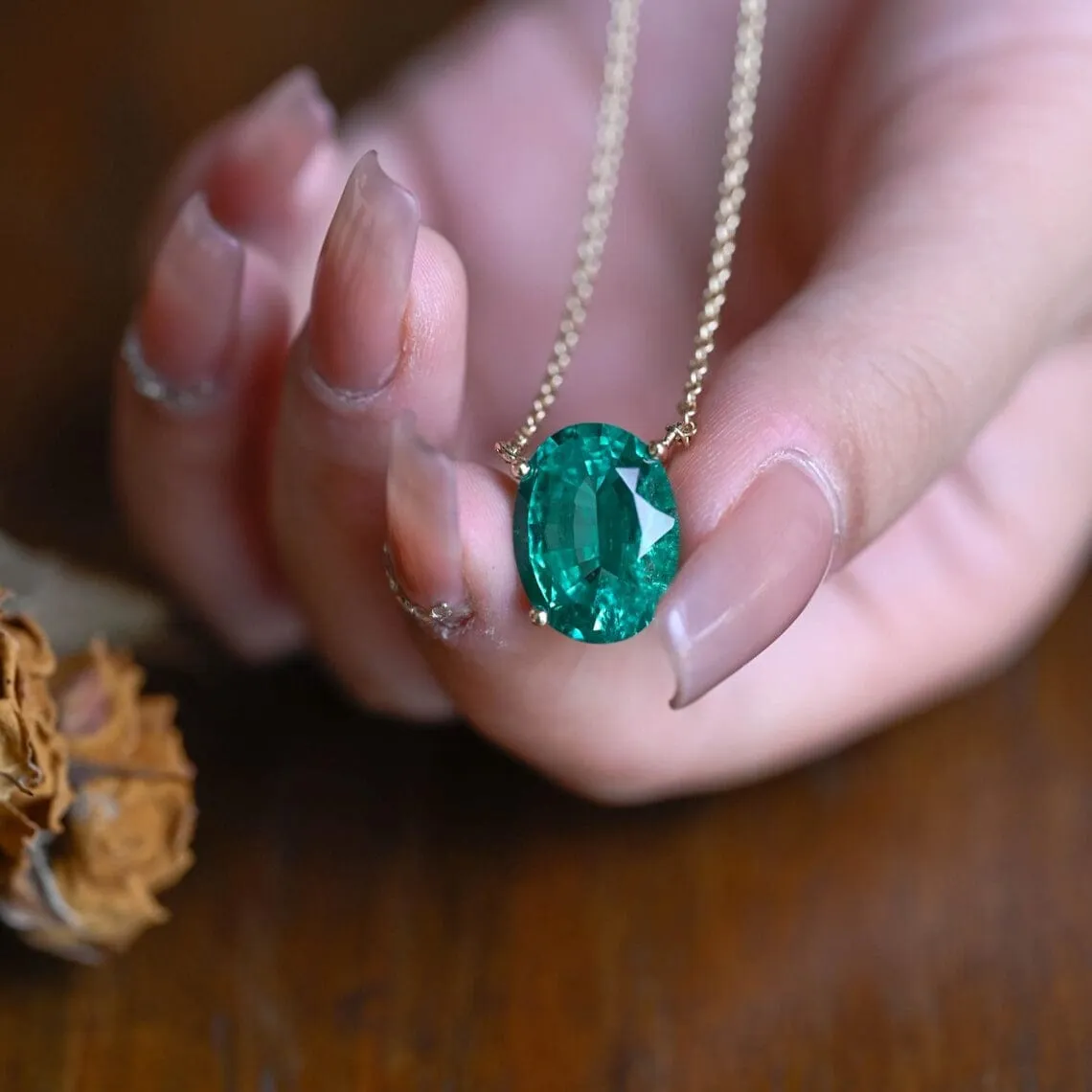Solid Gold Green Oval Cut Lab Emerald Pendant Necklace sold by Causyou