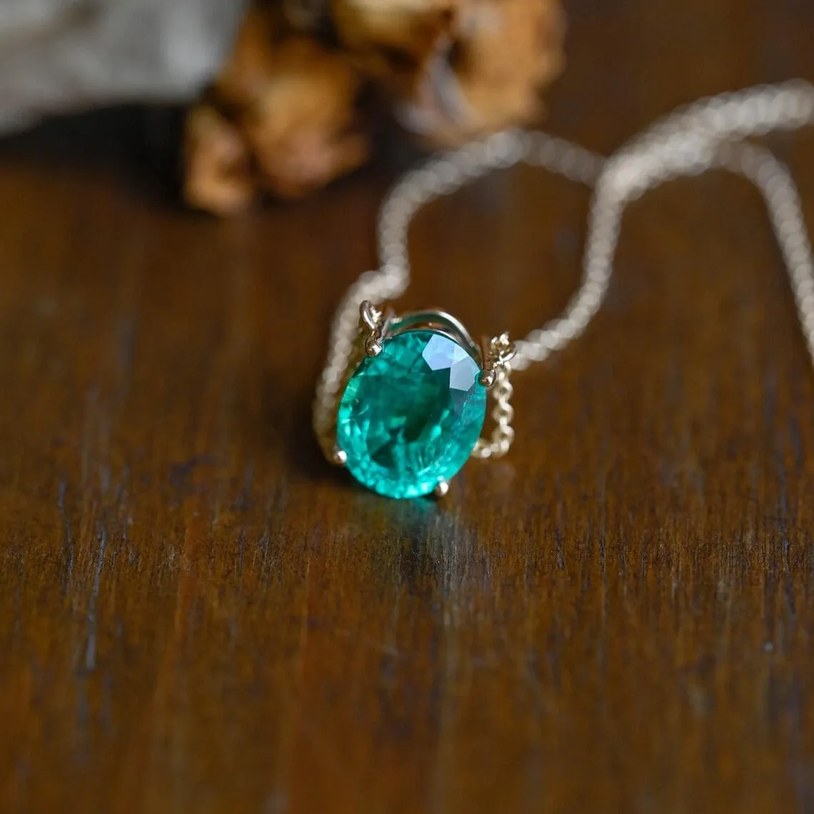 Solid Gold Green Oval Cut Lab Emerald Pendant Necklace sold by Causyou product image thumbnail 2