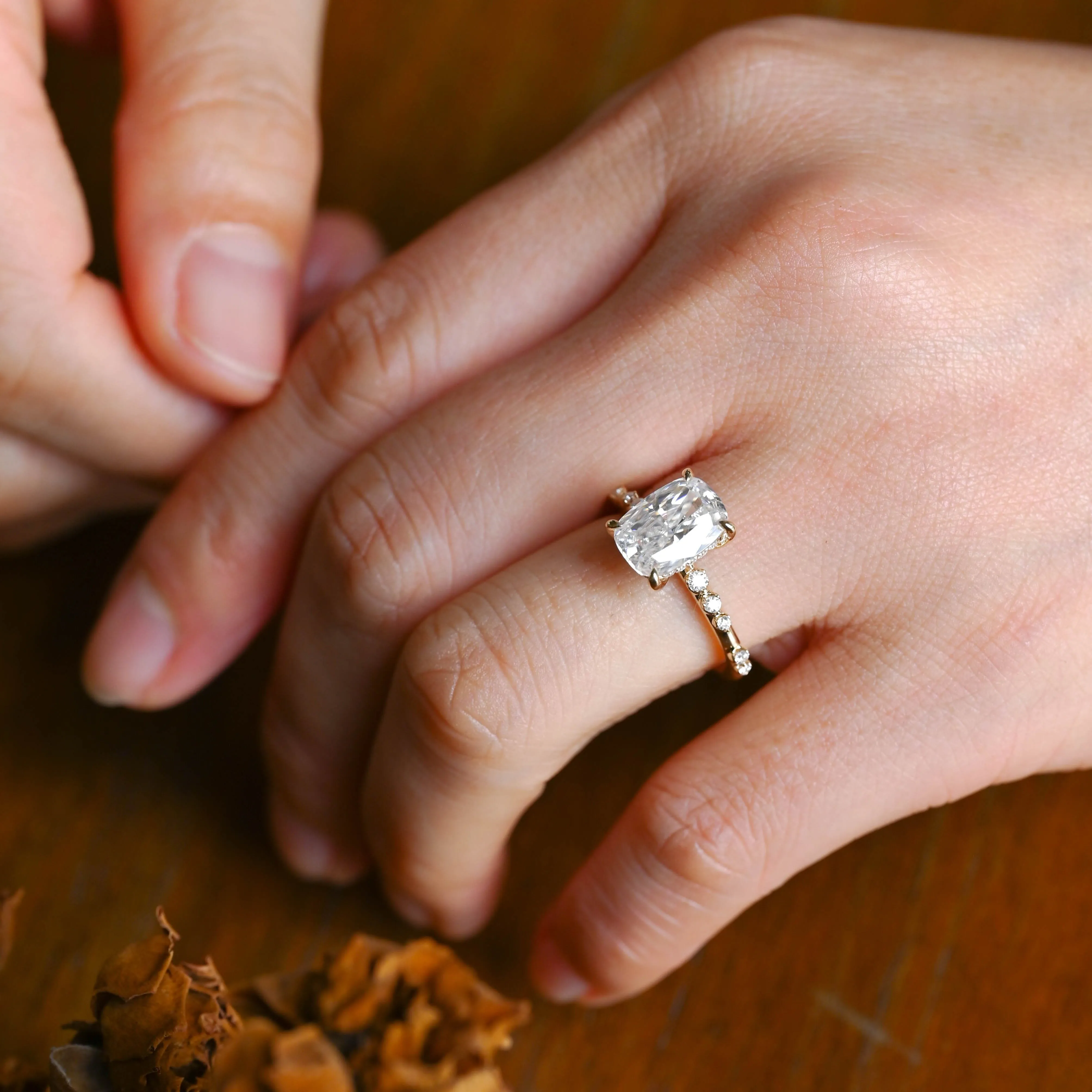 Solid Gold Hidden Halo Elongated Cushion Cut Moissanite Engagement Ring sold by Causyou product image thumbnail 2