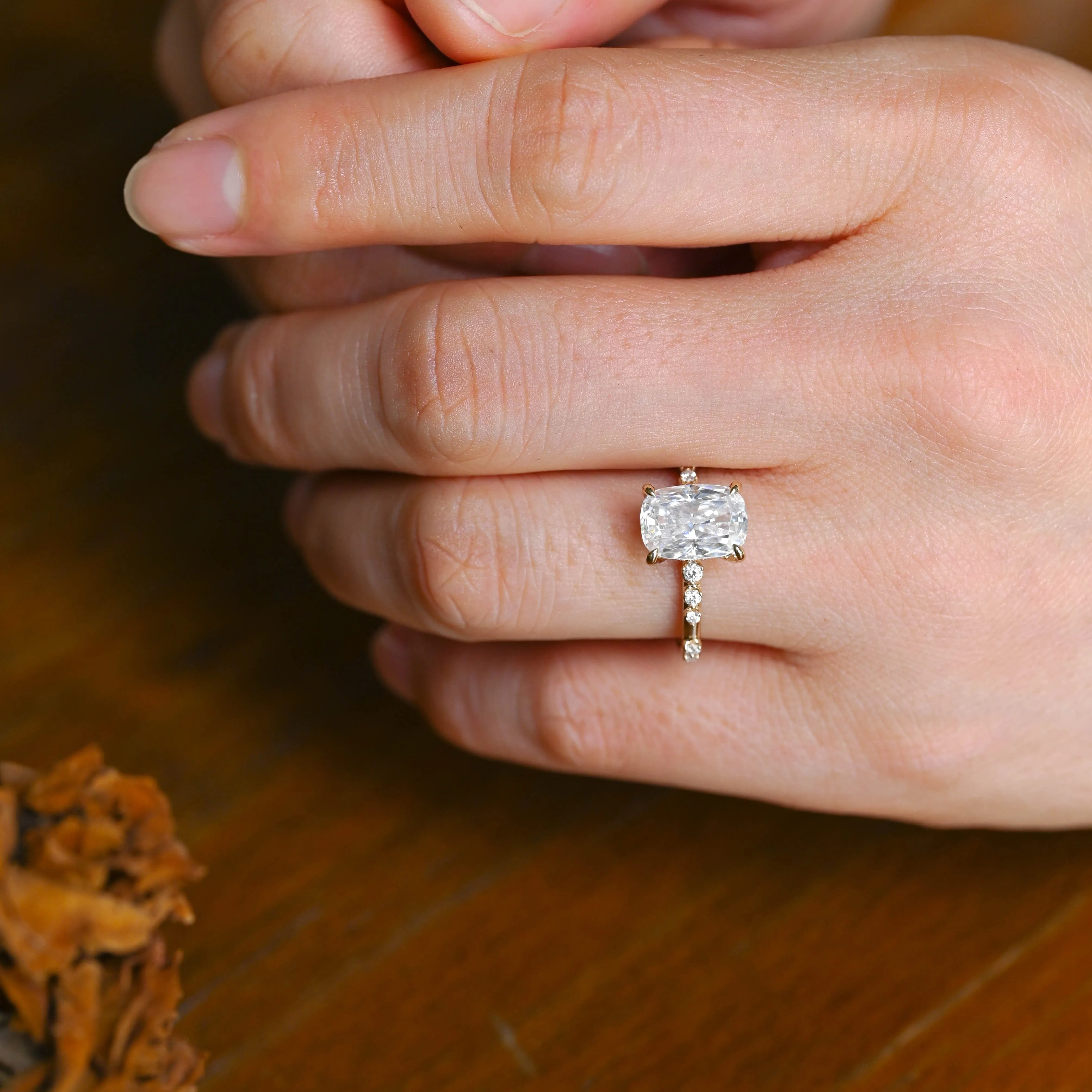 Solid Gold Hidden Halo Elongated Cushion Cut Moissanite Engagement Ring sold by Causyou product image thumbnail 4