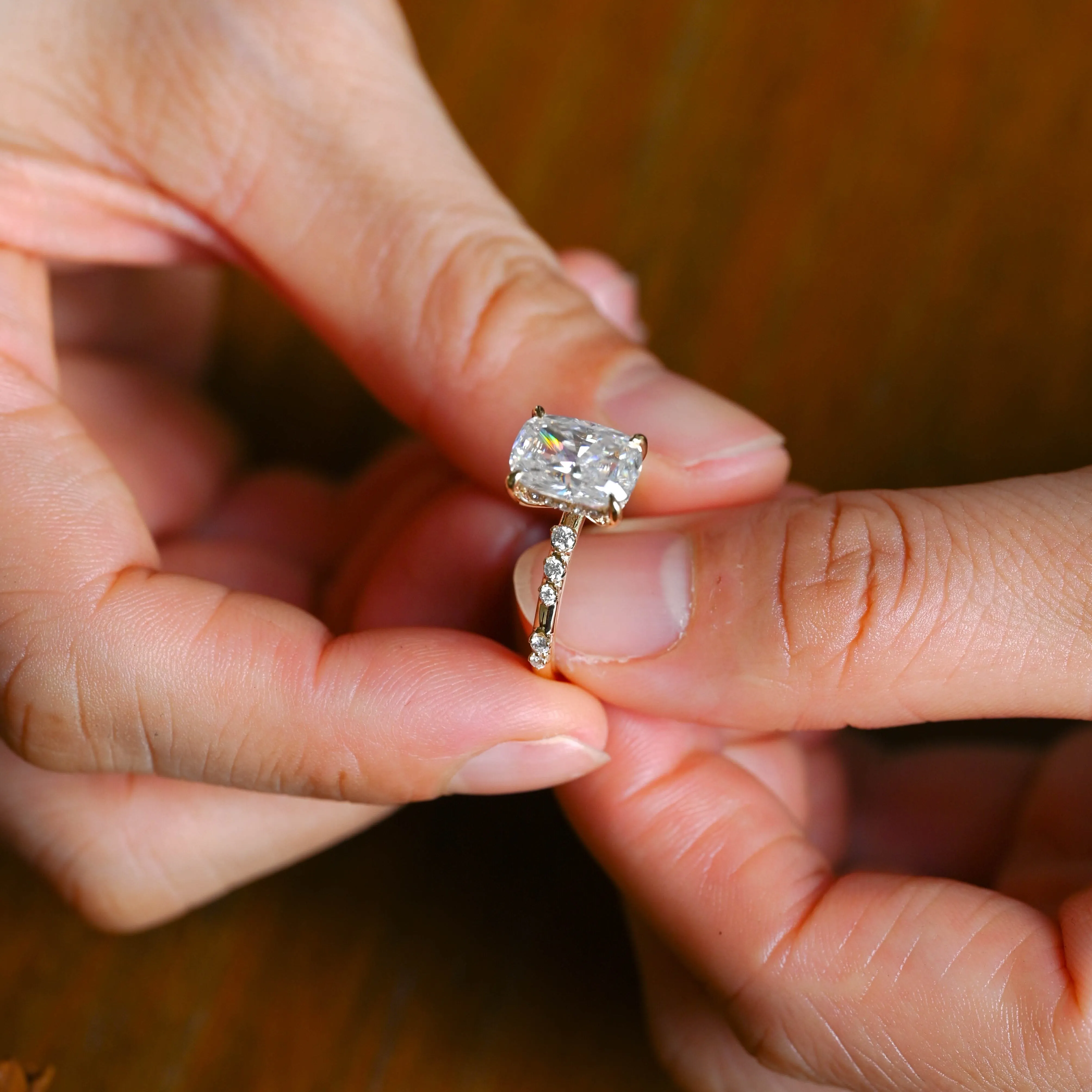 Solid Gold Hidden Halo Elongated Cushion Cut Moissanite Engagement Ring sold by Causyou product image thumbnail 5