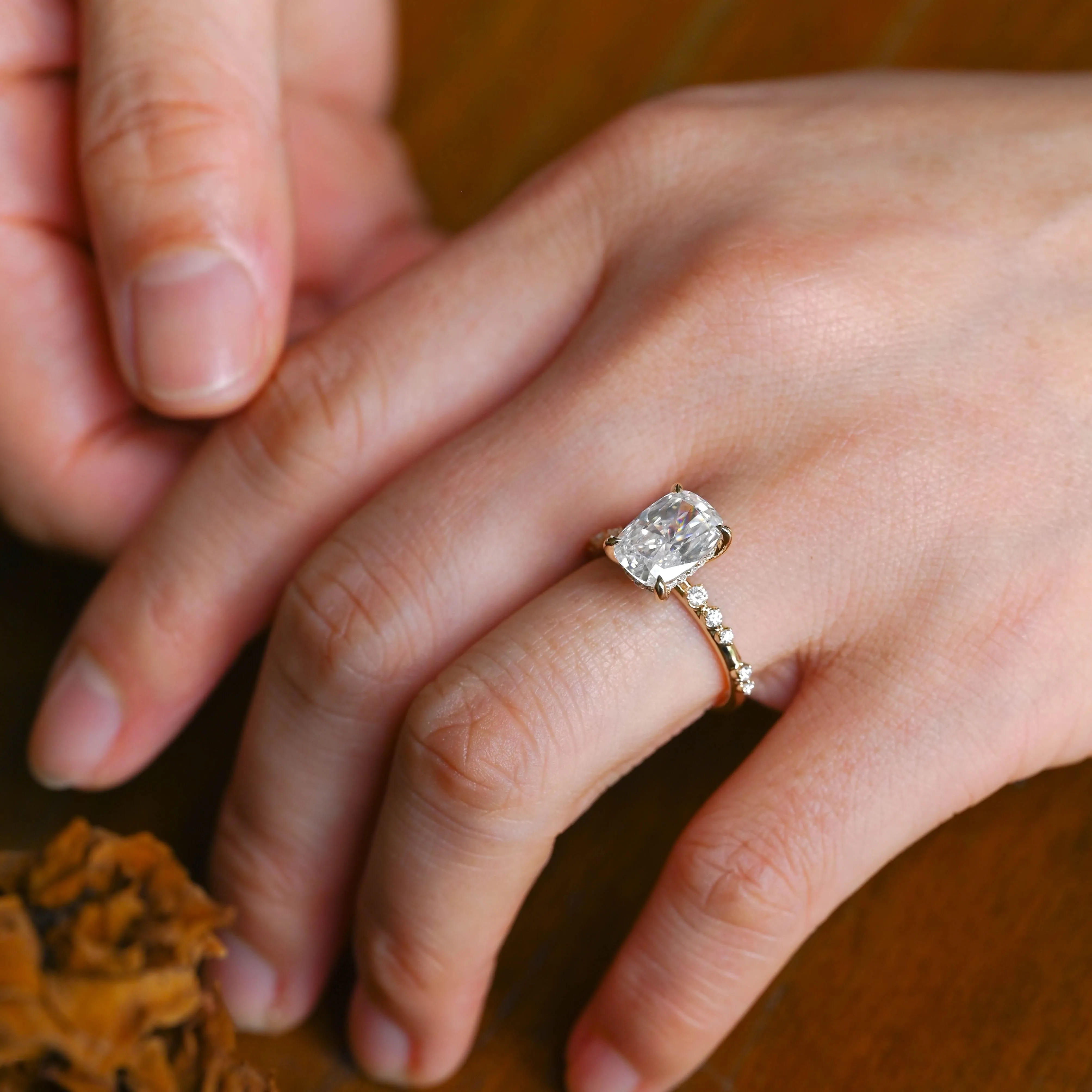 Solid Gold Hidden Halo Elongated Cushion Cut Moissanite Engagement Ring sold by Causyou product image thumbnail 3