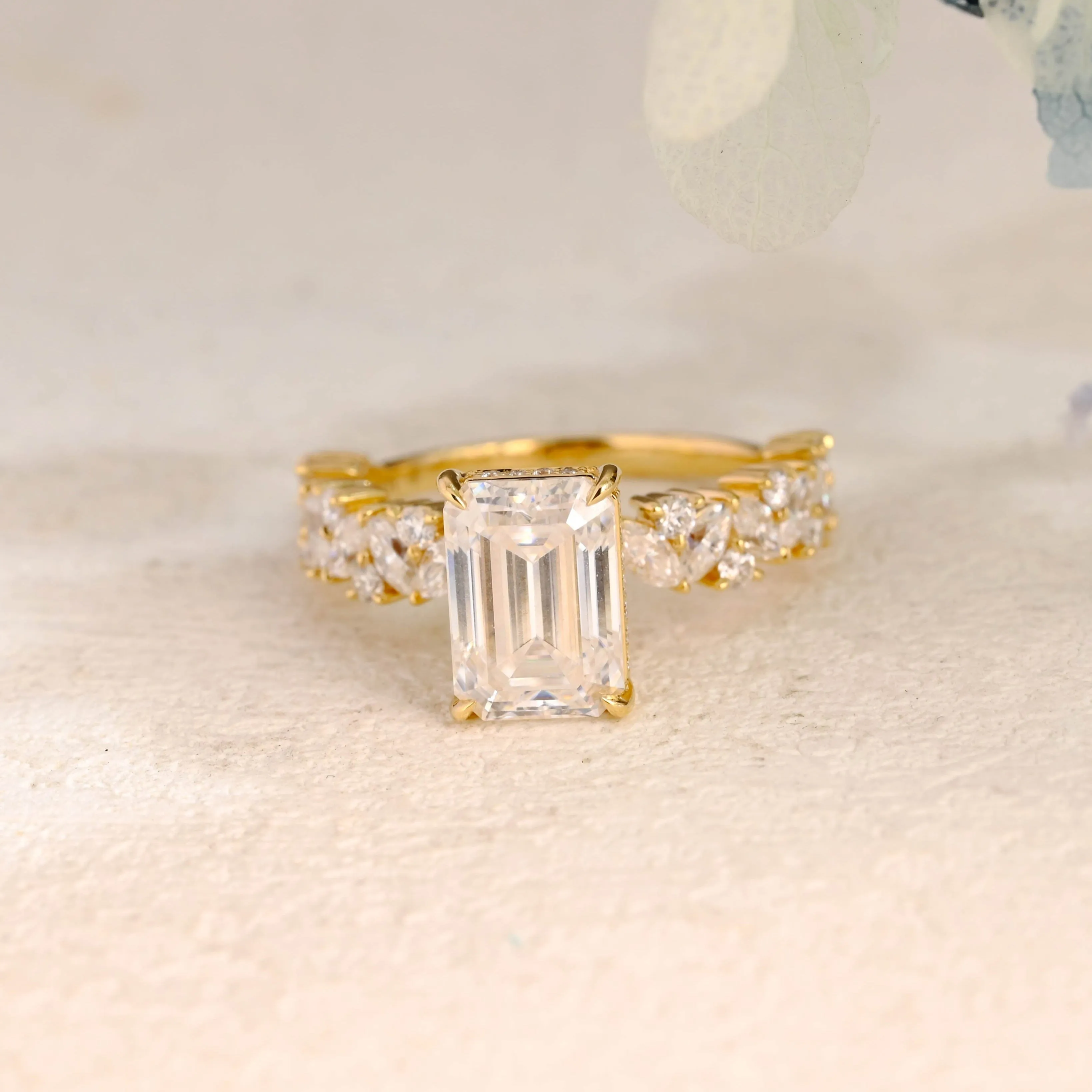 Solid Gold Hidden Halo Emerald Cut Moissanite Engagement Ring sold by Causyou