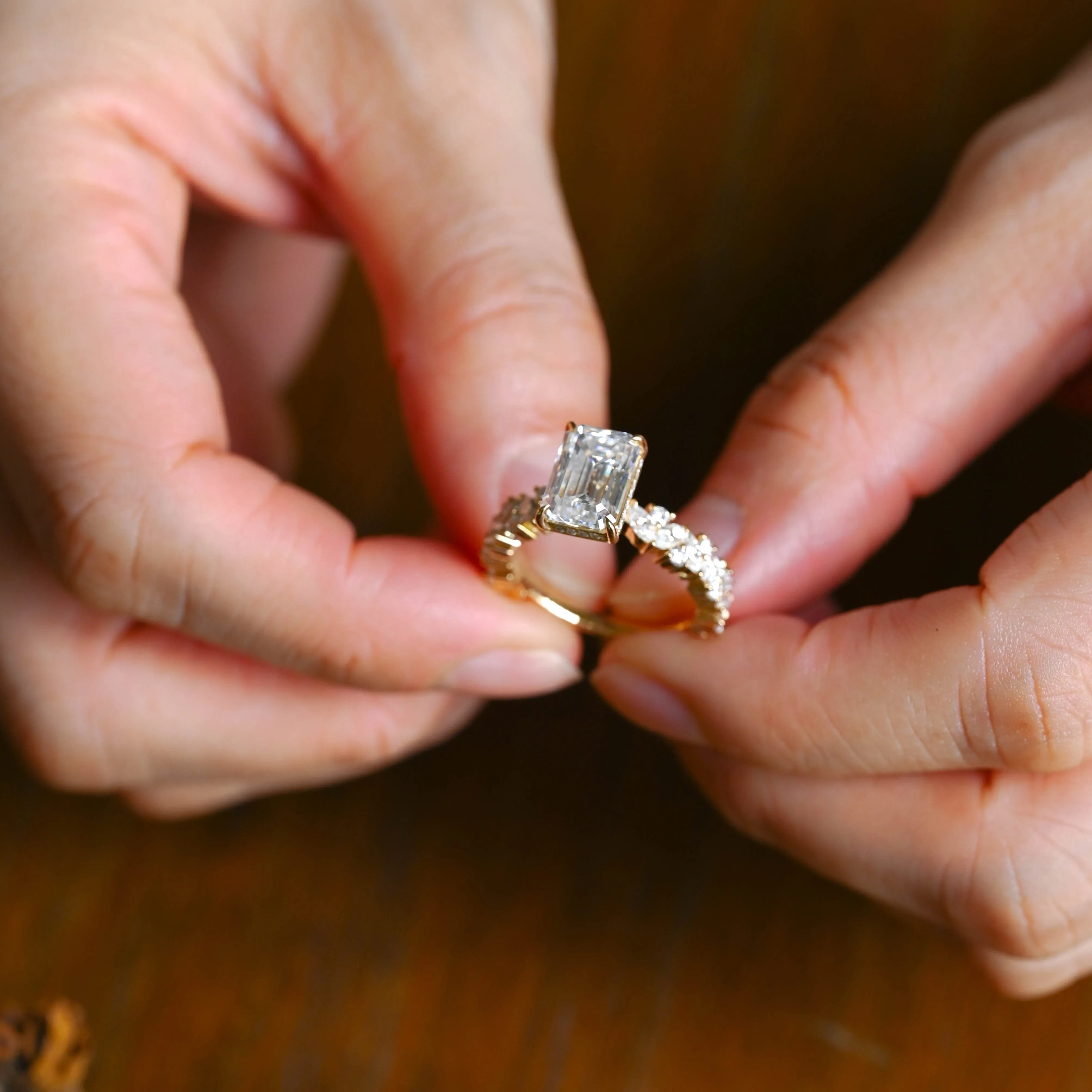 Solid Gold Hidden Halo Emerald Cut Moissanite Engagement Ring sold by Causyou product image thumbnail 4