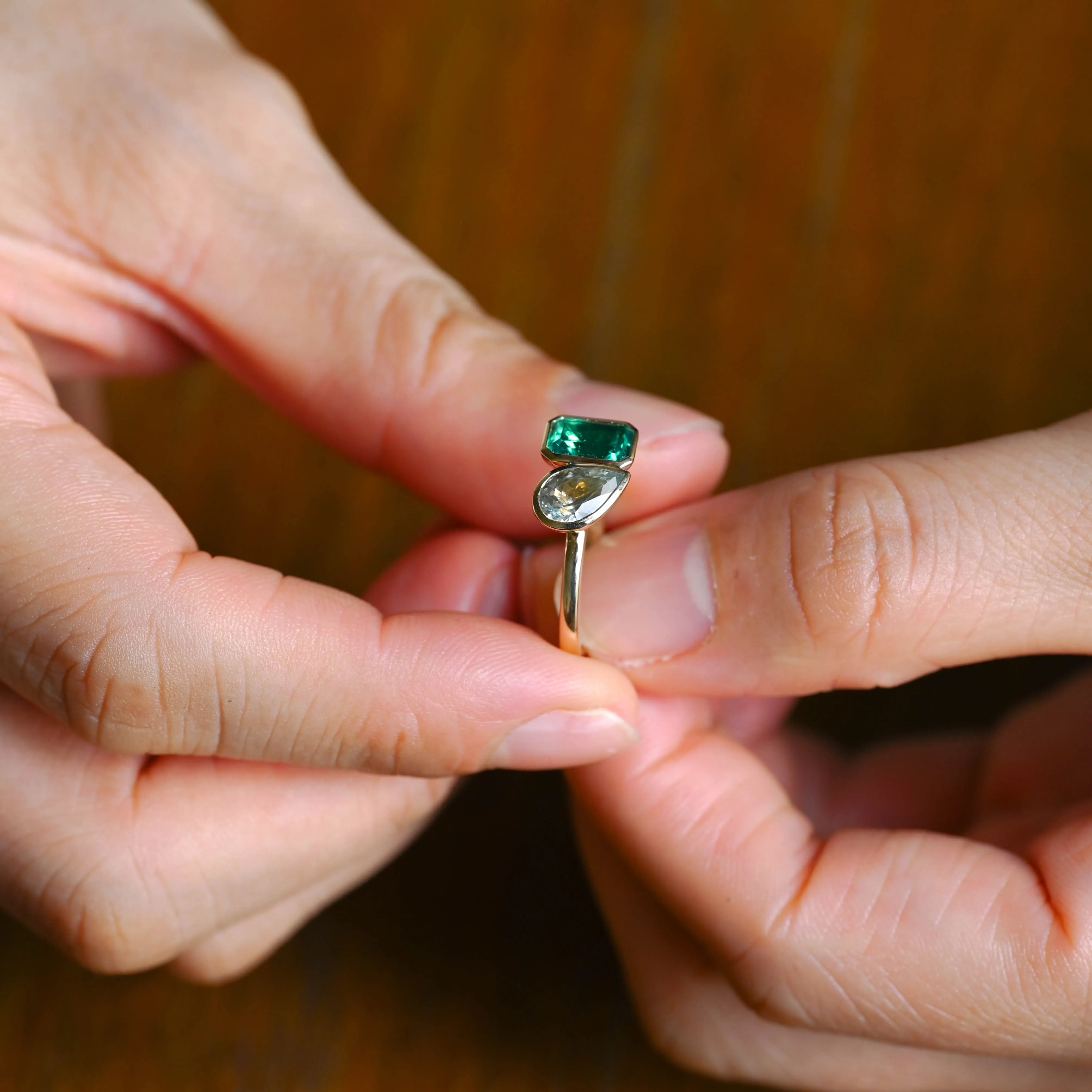 Solid Gold Toi et Moi Lab Grown Emerald & Pear Cut Aquamarine Sapphire Engagement Ring sold by Causyou product image thumbnail 4