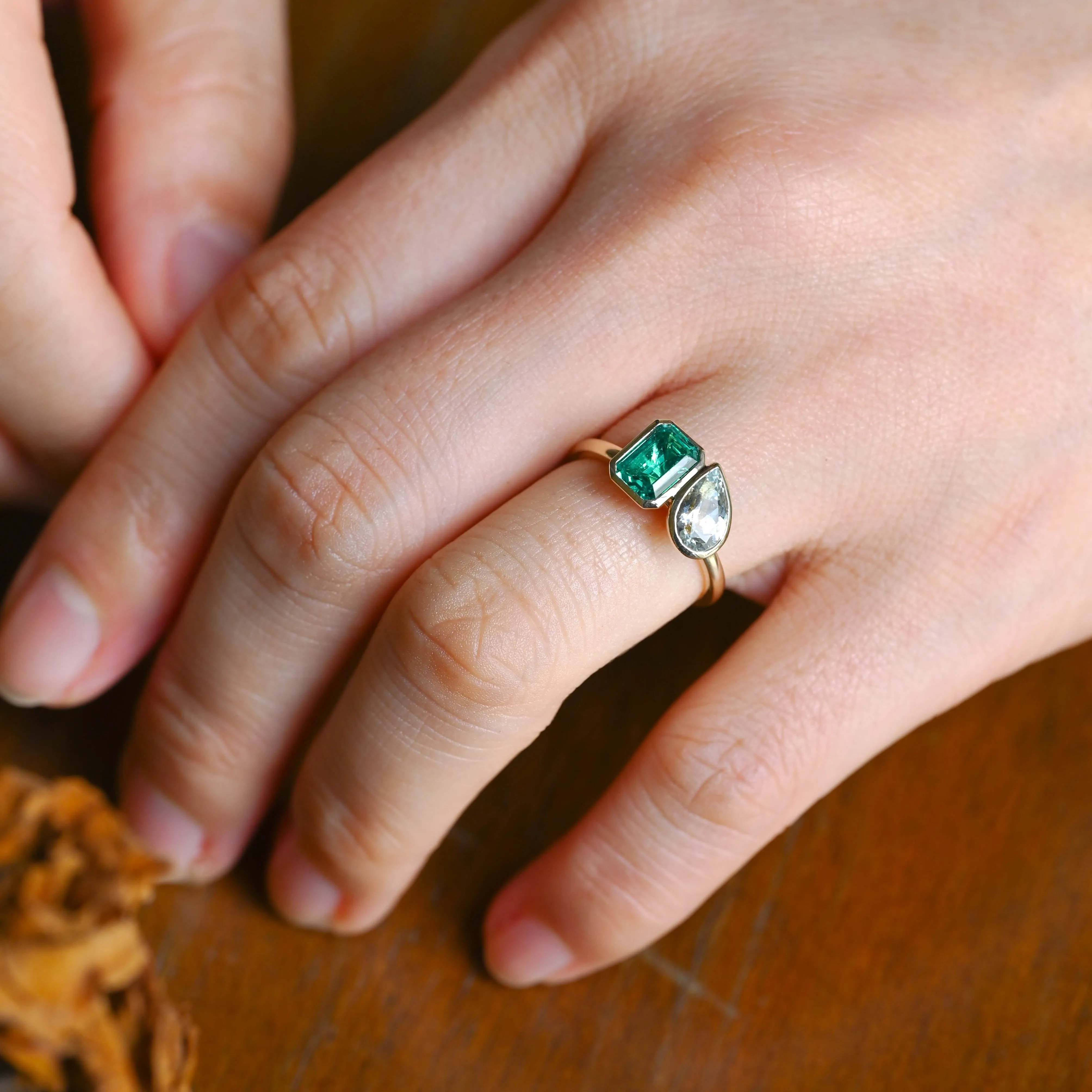 Solid Gold Toi et Moi Lab Grown Emerald & Pear Cut Aquamarine Sapphire Engagement Ring sold by Causyou product image thumbnail 2