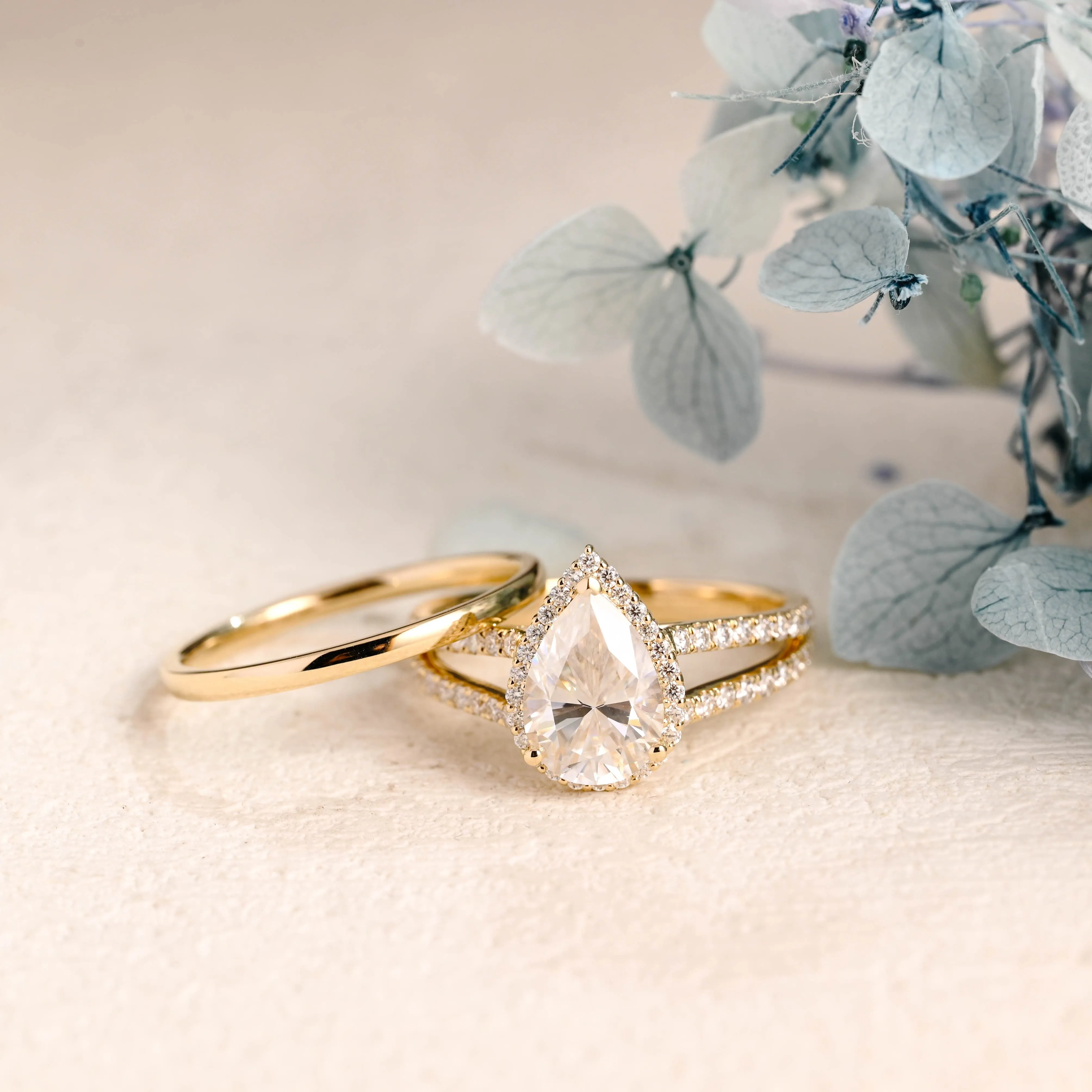 Solid Gold Pear Cut Moissanite Engagement Ring and Wedding Ring Set sold by Causyou