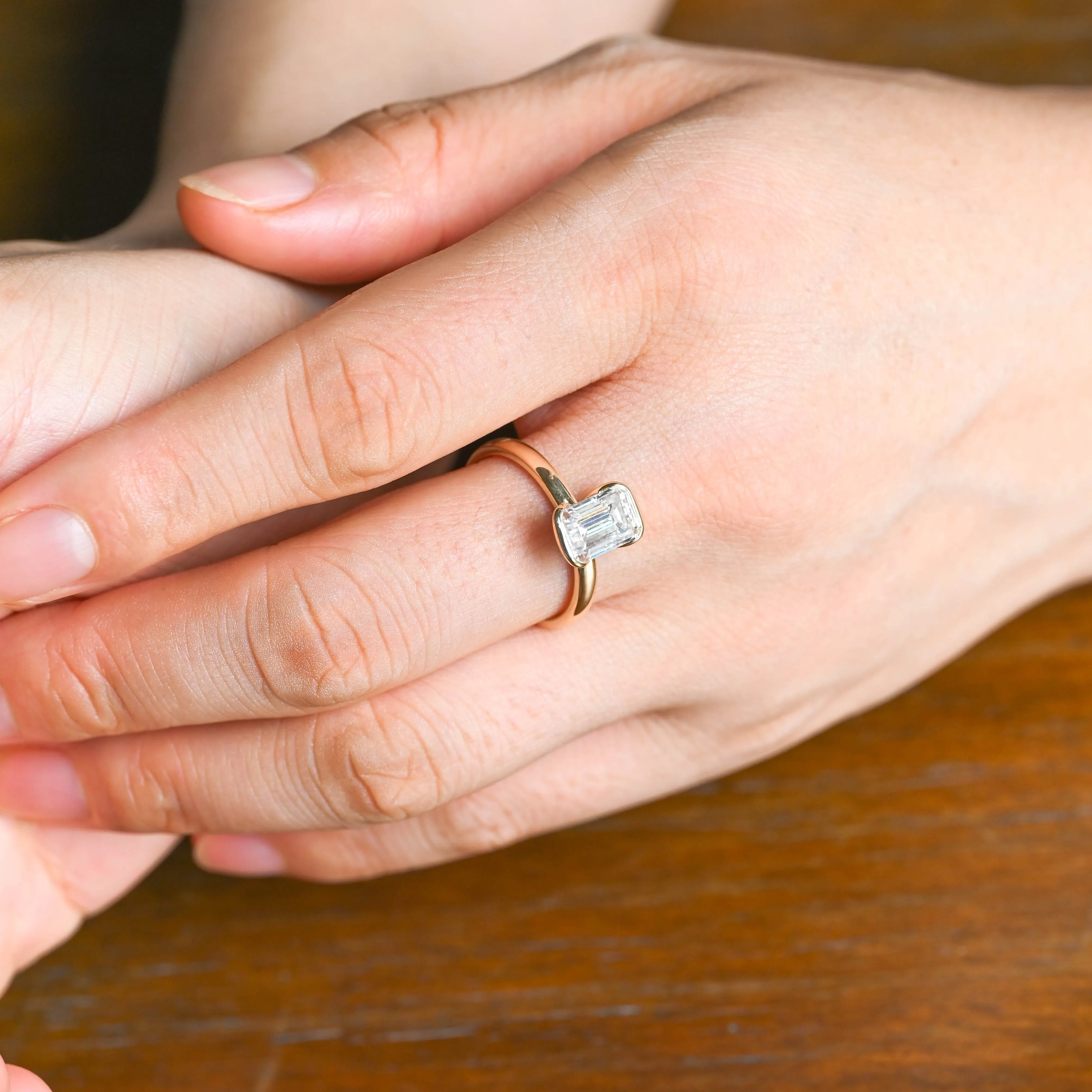Solid Gold Solitaire 2.5mm Width Half Bezel Emerald Cut Moissanite Engagement Ring sold by Causyou product image thumbnail 4