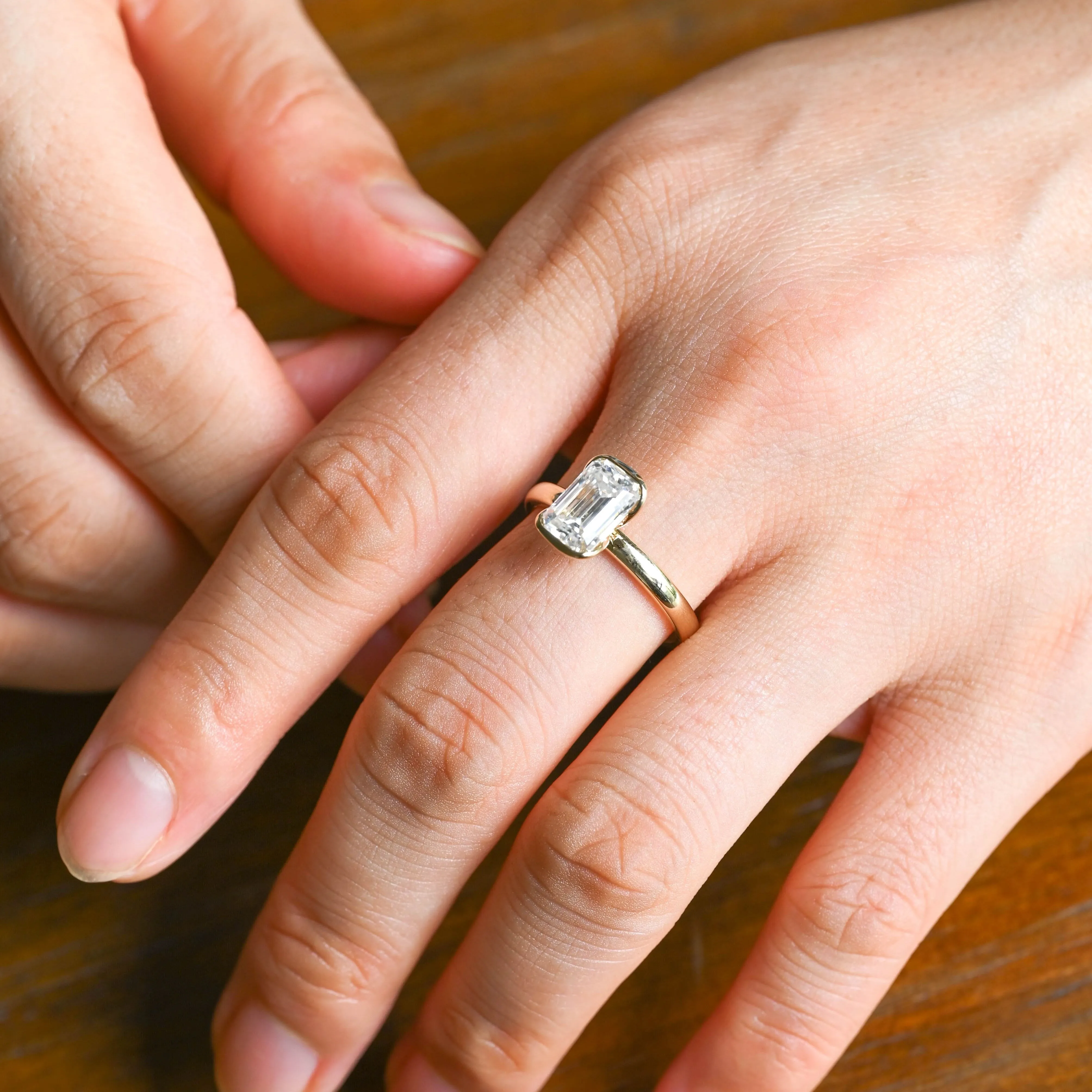 Solid Gold Solitaire 2.5mm Width Half Bezel Emerald Cut Moissanite Engagement Ring sold by Causyou product image thumbnail 3