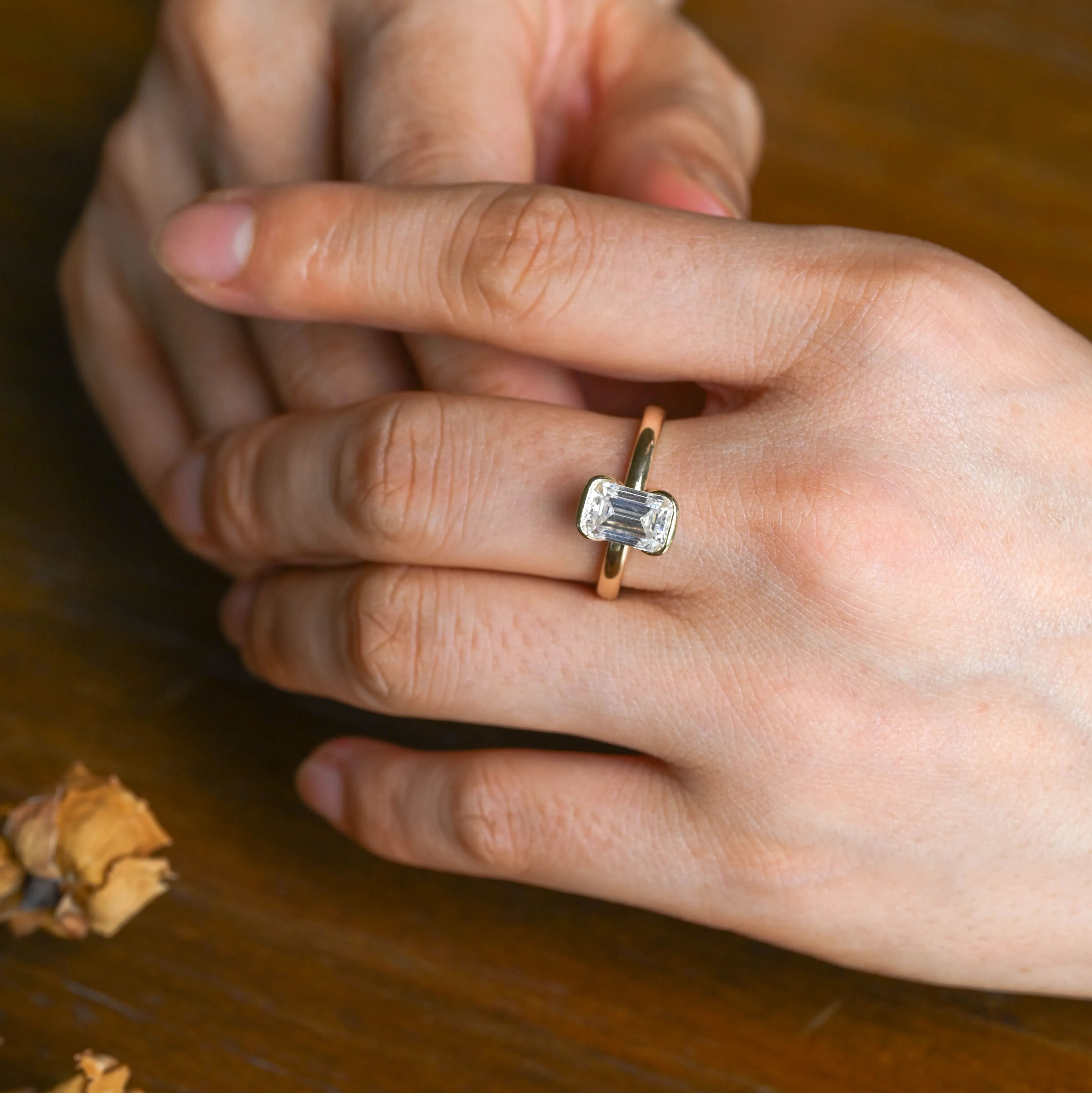 Solid Gold Solitaire 2.5mm Width Half Bezel Emerald Cut Moissanite Engagement Ring sold by Causyou product image thumbnail 2