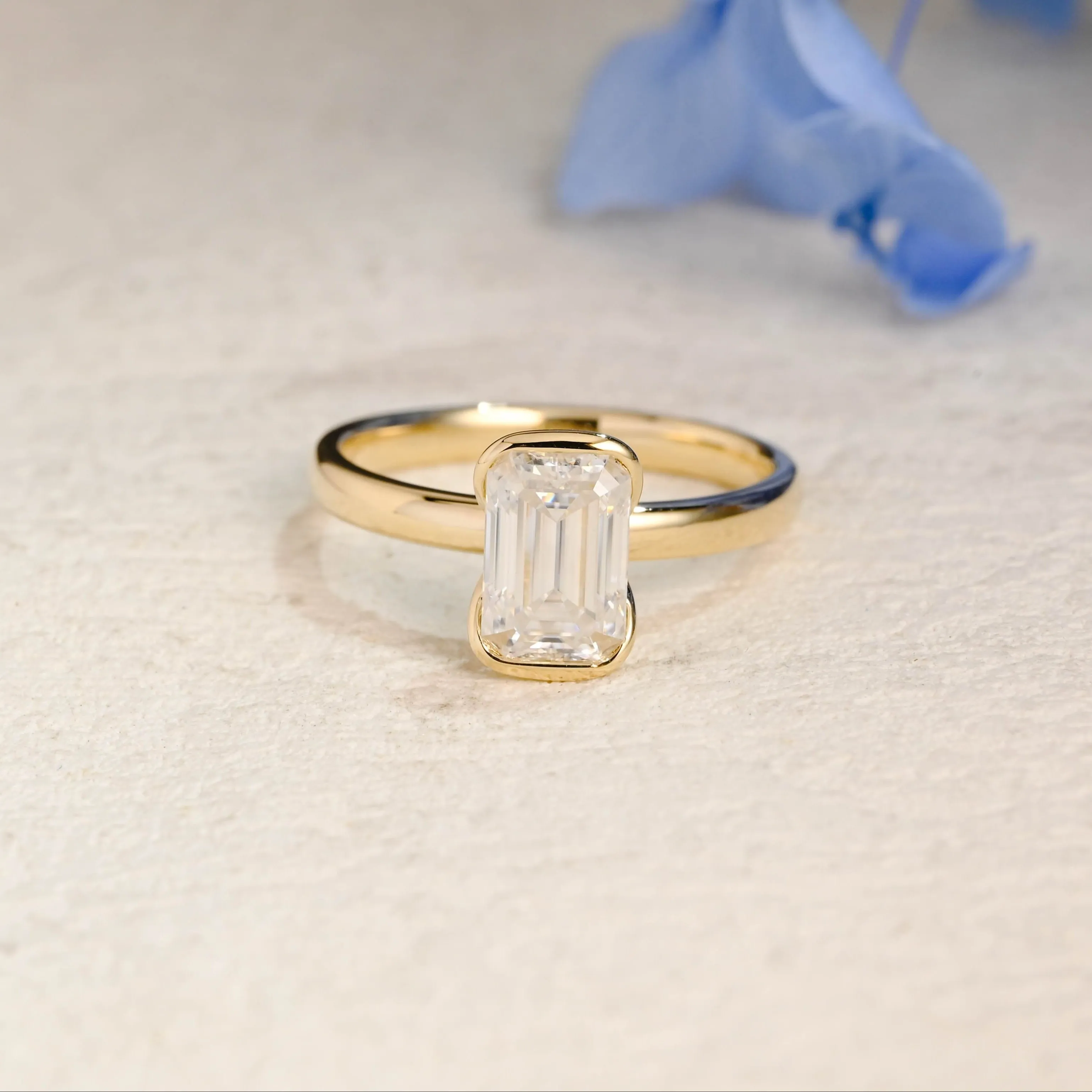 Solid Gold Solitaire 2.5mm Width Half Bezel Emerald Cut Moissanite Engagement Ring sold by Causyou