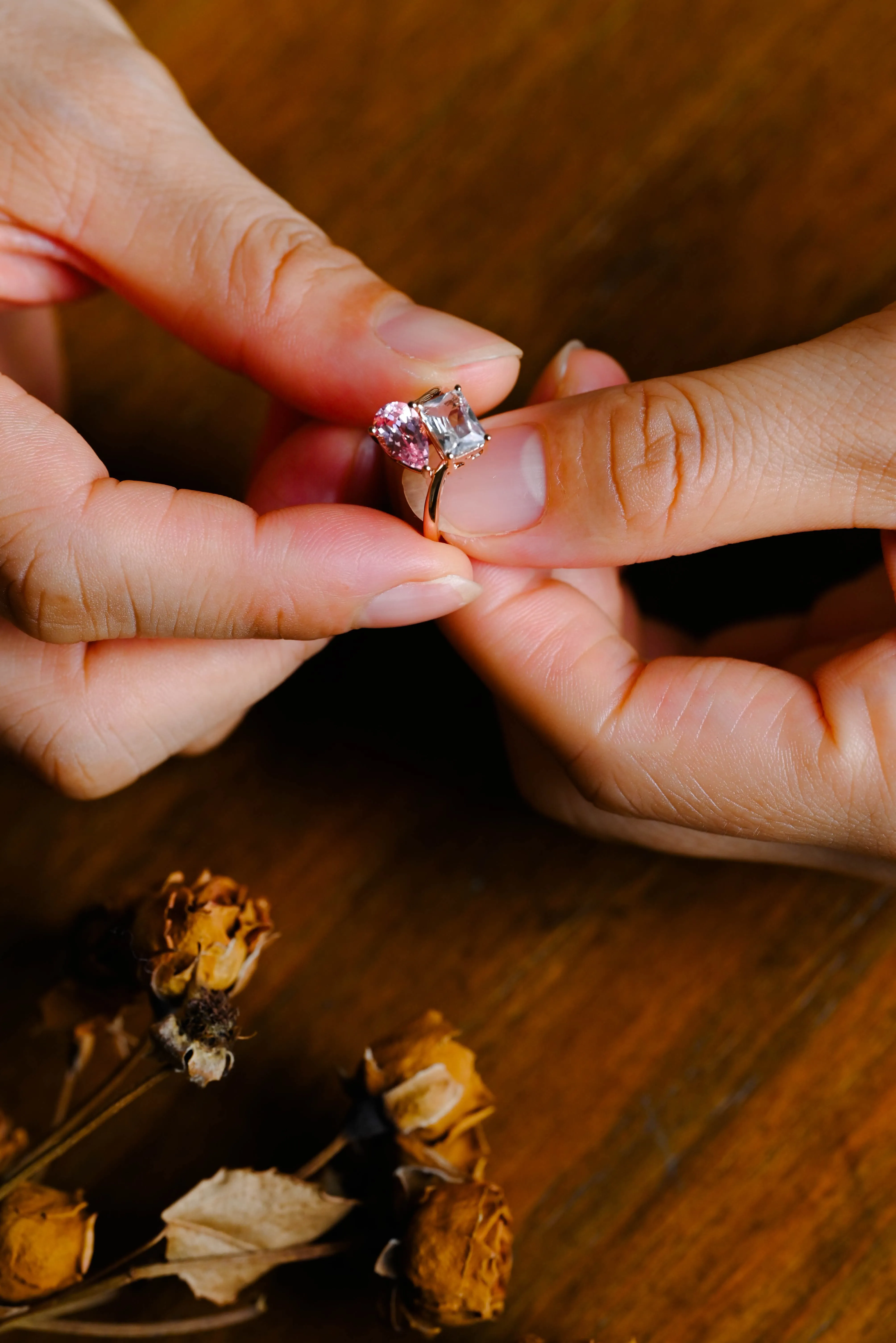 Solid Gold Toi et Moi Emerald Cut Moissanite & Pink Sapphire Engagement Ring sold by Causyou product image thumbnail 4