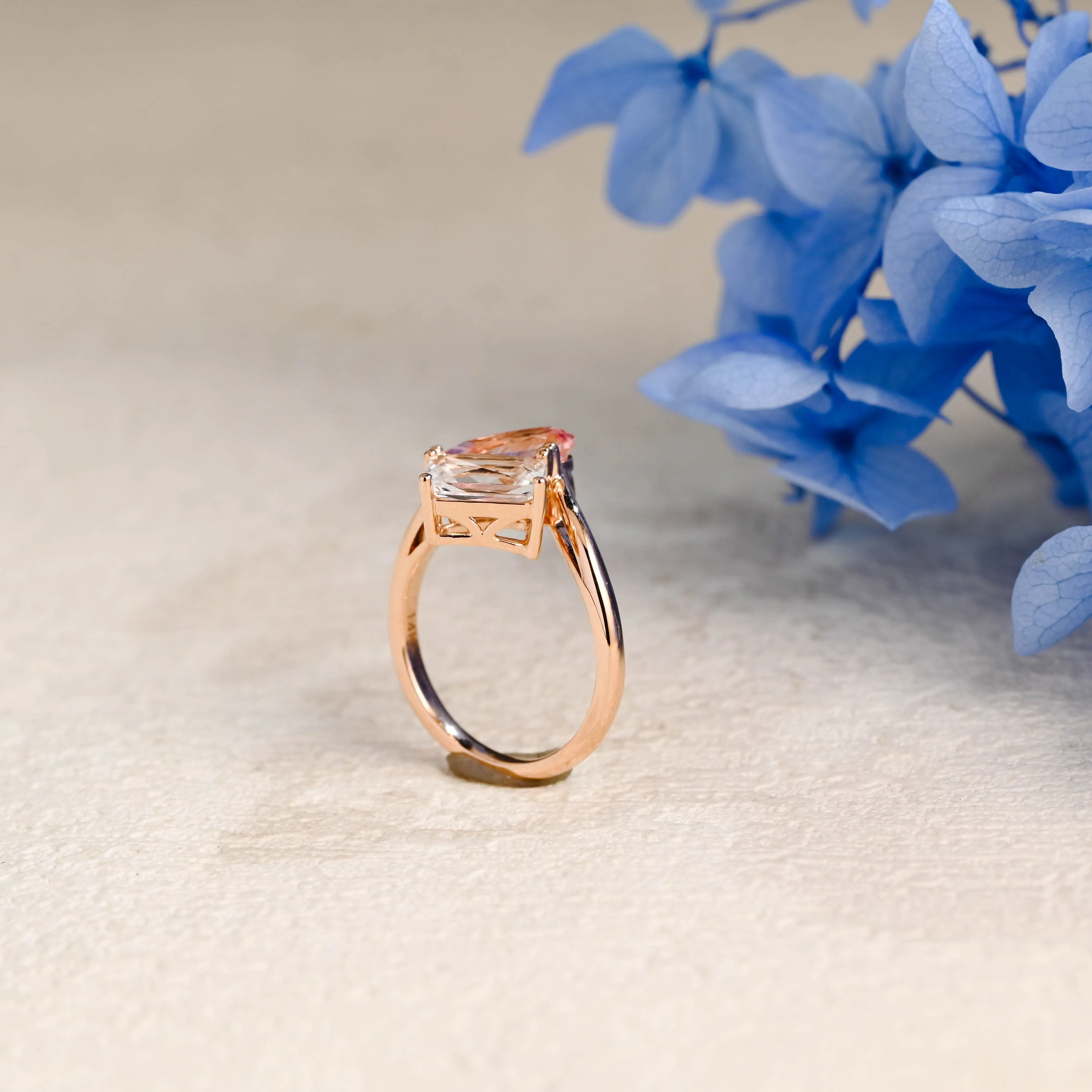 Solid Gold Toi et Moi Emerald Cut Moissanite & Pink Sapphire Engagement Ring sold by Causyou