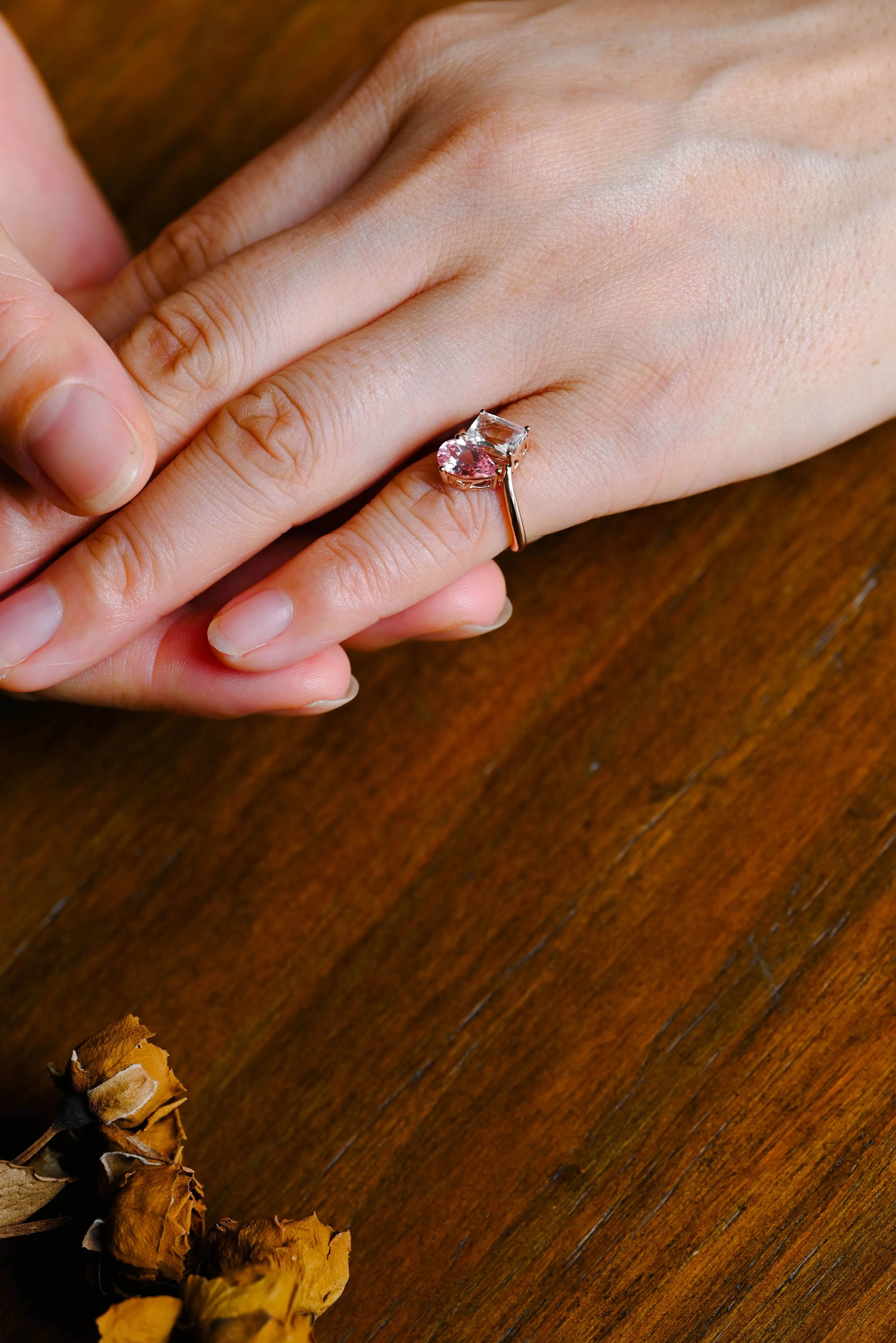 Solid Gold Toi et Moi Emerald Cut Moissanite & Pink Sapphire Engagement Ring sold by Causyou product image thumbnail 3