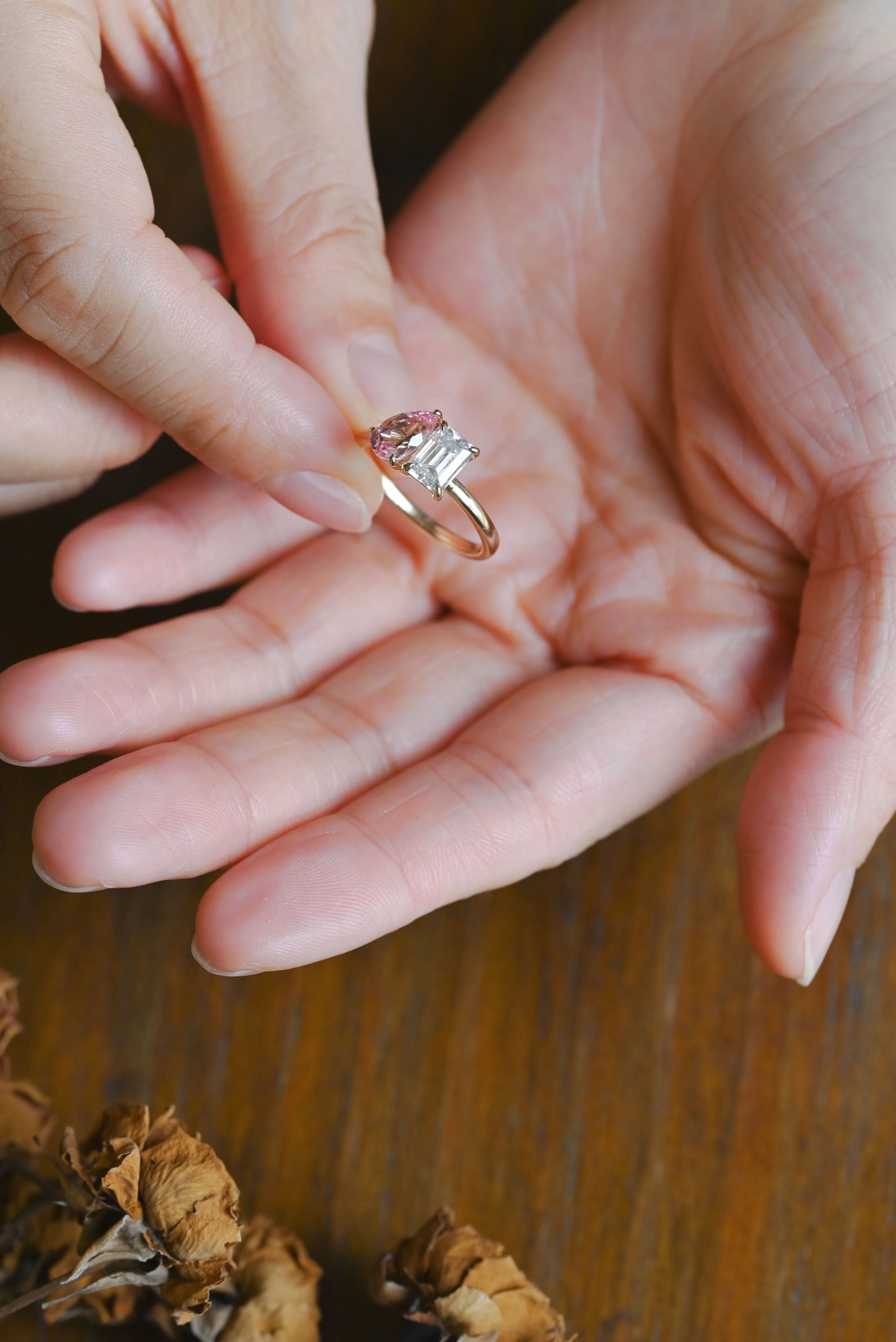 Solid Gold Toi et Moi Ring, Pear Lab Grown Sapphire & Emerald Moissanite Engagament Ring sold by Causyou product image thumbnail 4