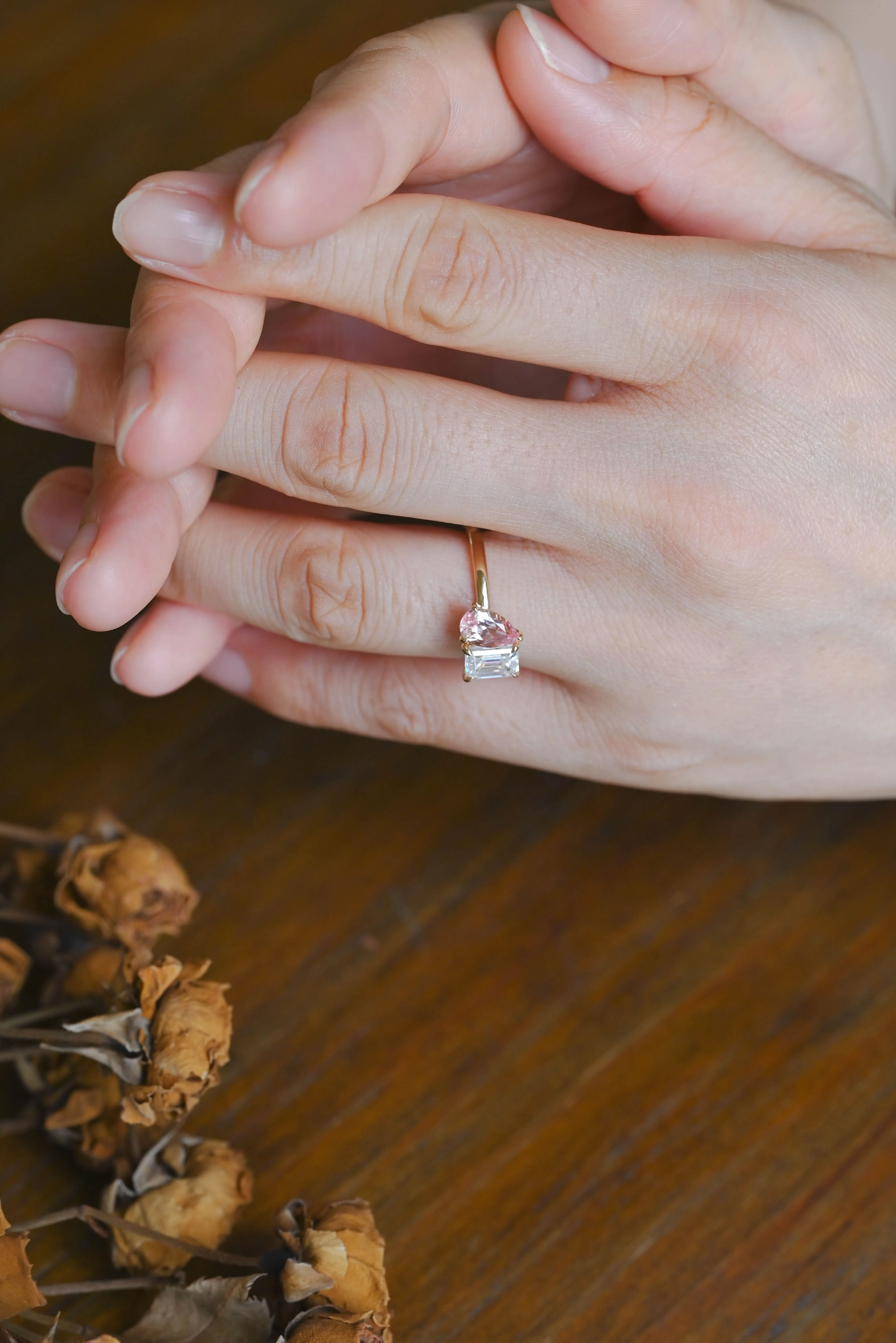 Solid Gold Toi et Moi Ring, Pear Lab Grown Sapphire & Emerald Moissanite Engagament Ring sold by Causyou product image thumbnail 2