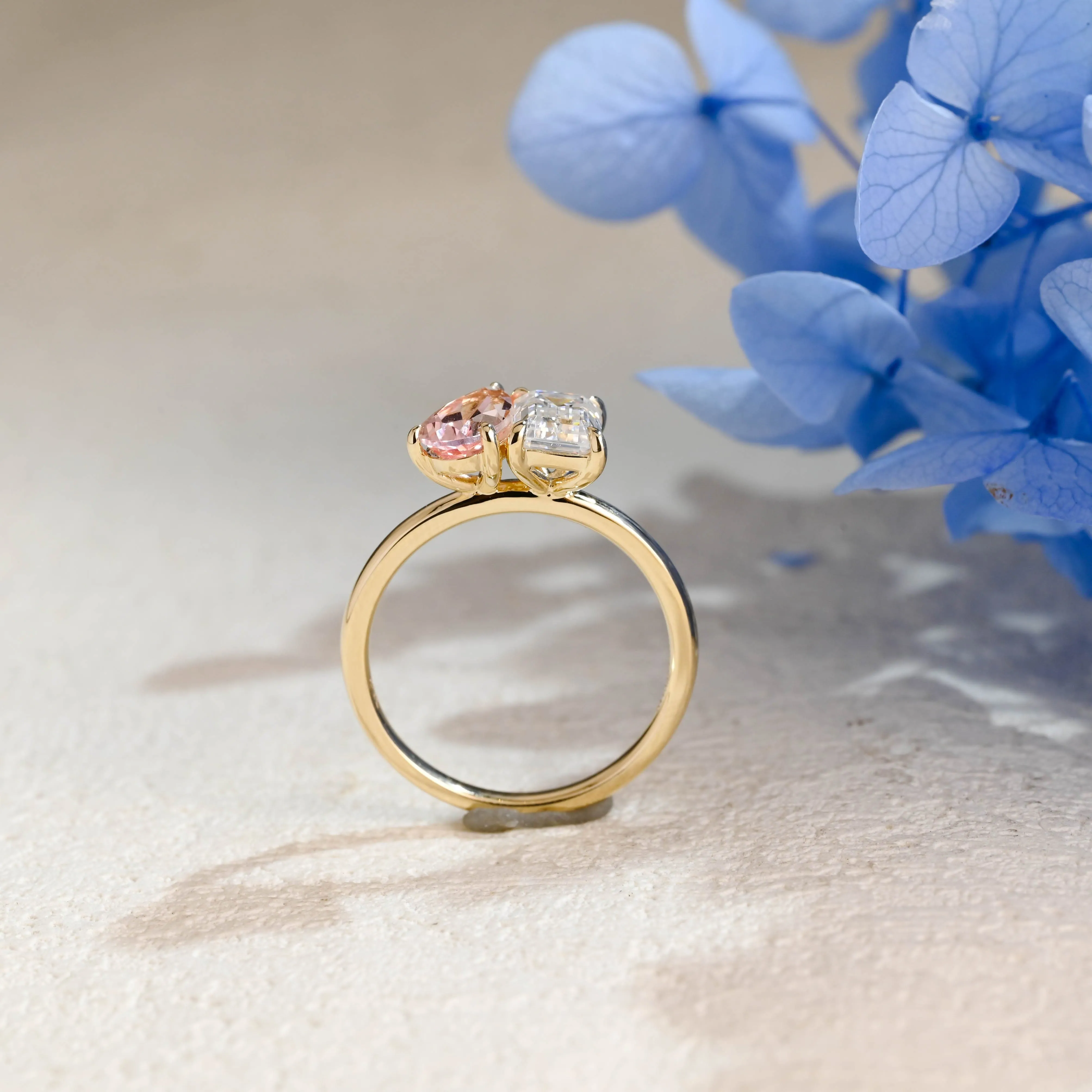 Solid Gold Toi et Moi Ring, Pear Lab Grown Sapphire & Emerald Moissanite Engagament Ring sold by Causyou product image thumbnail 5