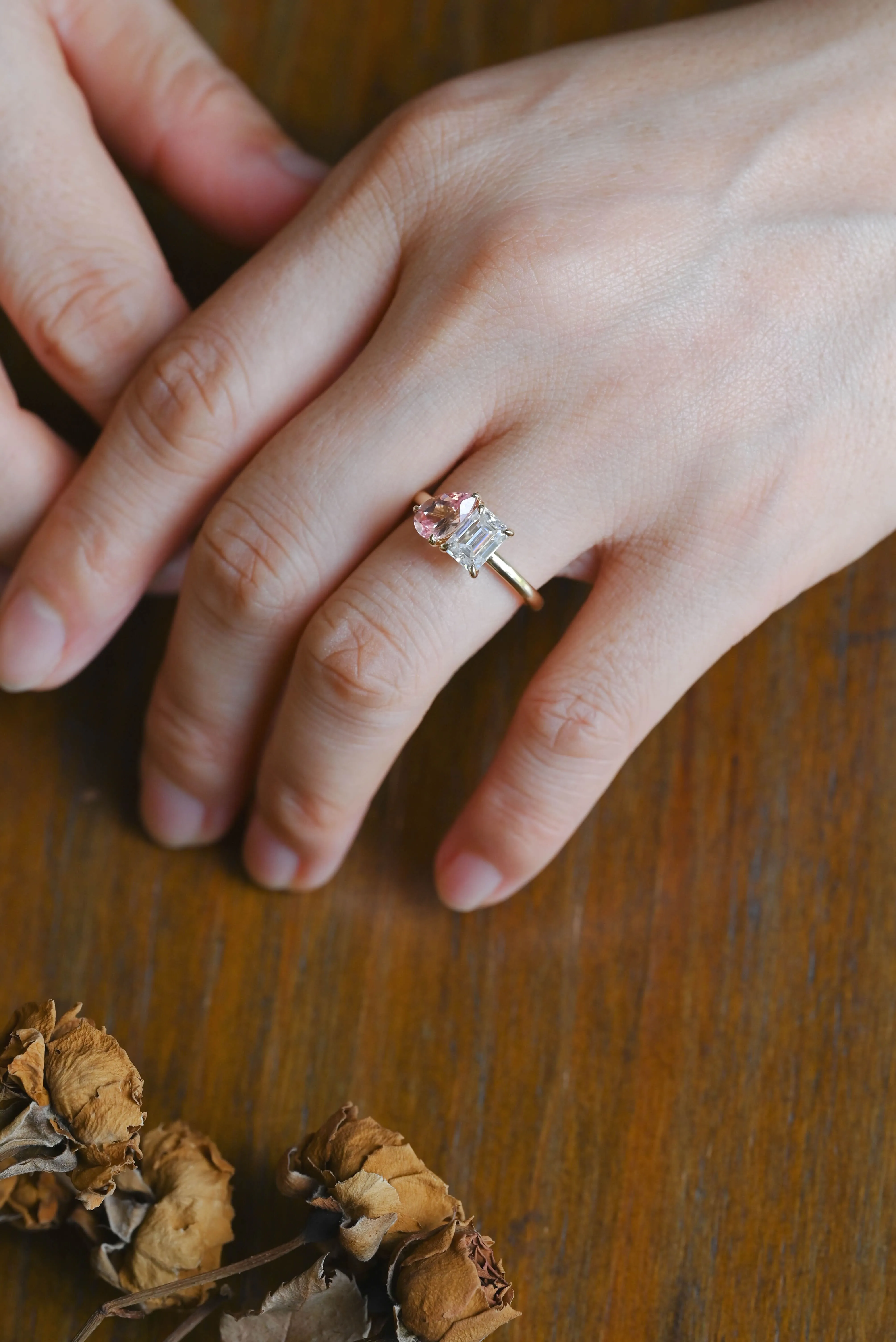 Solid Gold Toi et Moi Ring, Pear Lab Grown Sapphire & Emerald Moissanite Engagament Ring sold by Causyou product image thumbnail 3