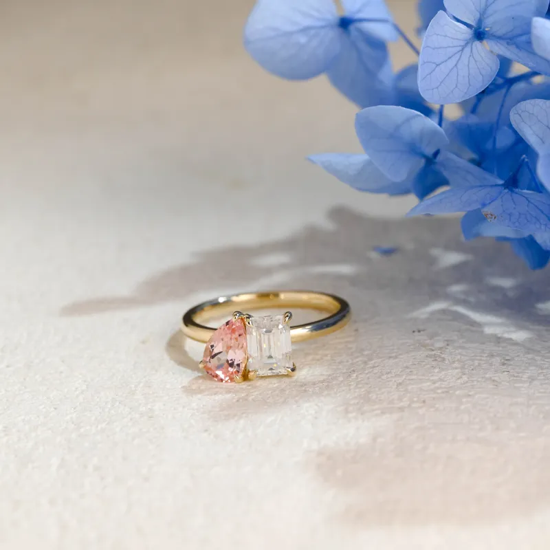 Solid Gold Toi et Moi Ring, Pear Lab Grown Sapphire & Emerald Moissanite Engagament Ring sold by Causyou