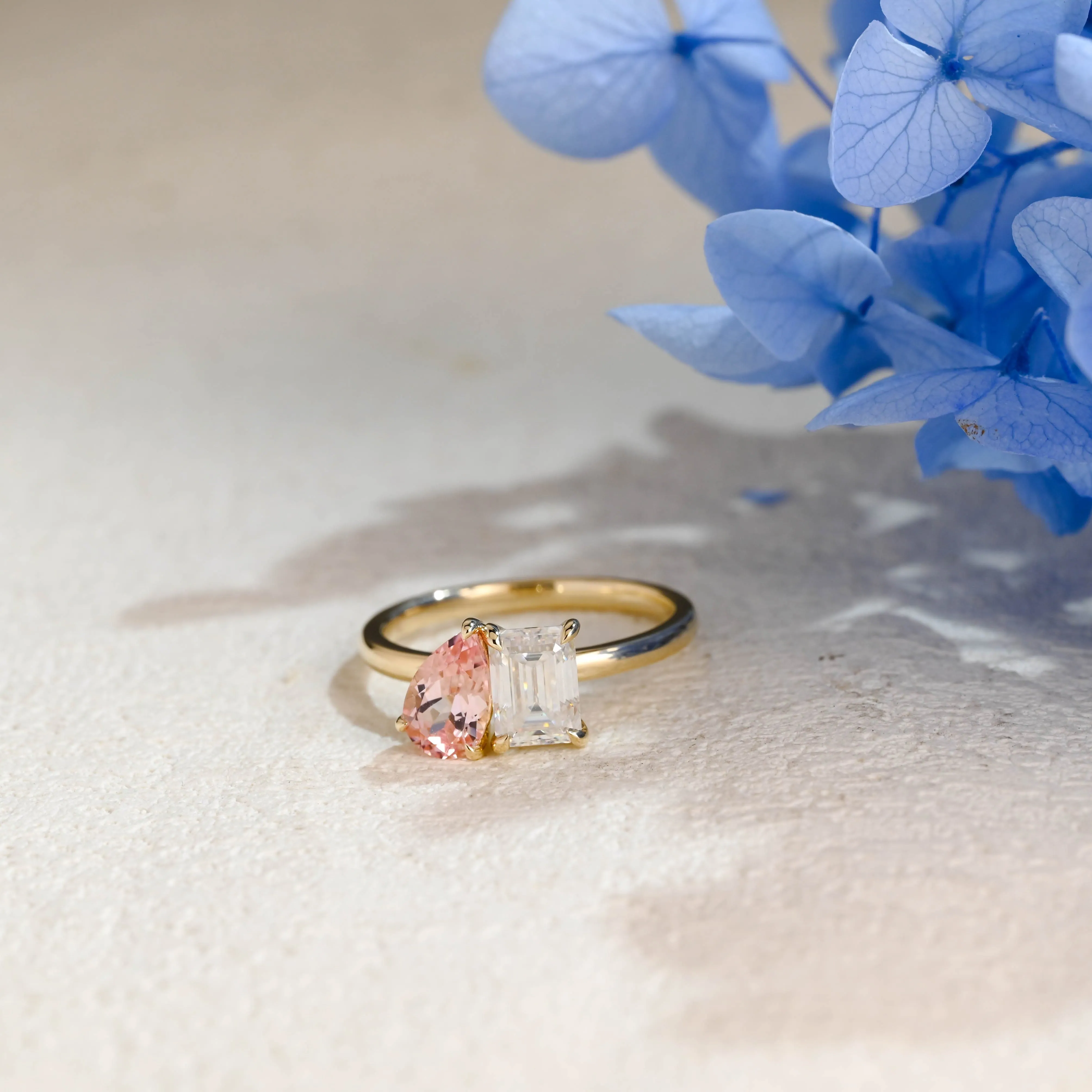 Solid Gold Toi et Moi Ring, Pear Lab Grown Sapphire & Emerald Moissanite Engagament Ring sold by Causyou