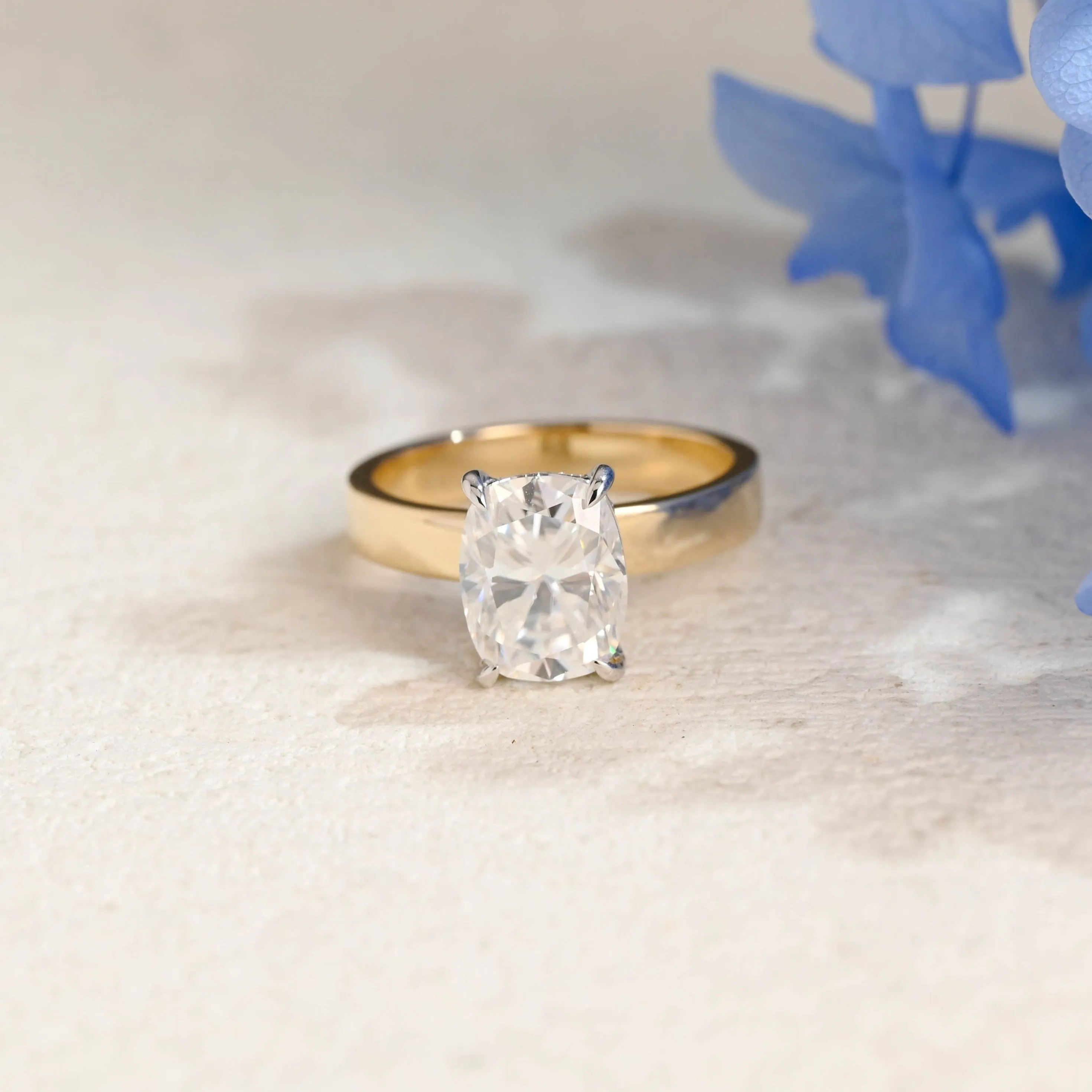 Solid Gold 3mm Width Hidden Halo Elongated Cushion Cut Moissanite Engagement Ring sold by Causyou