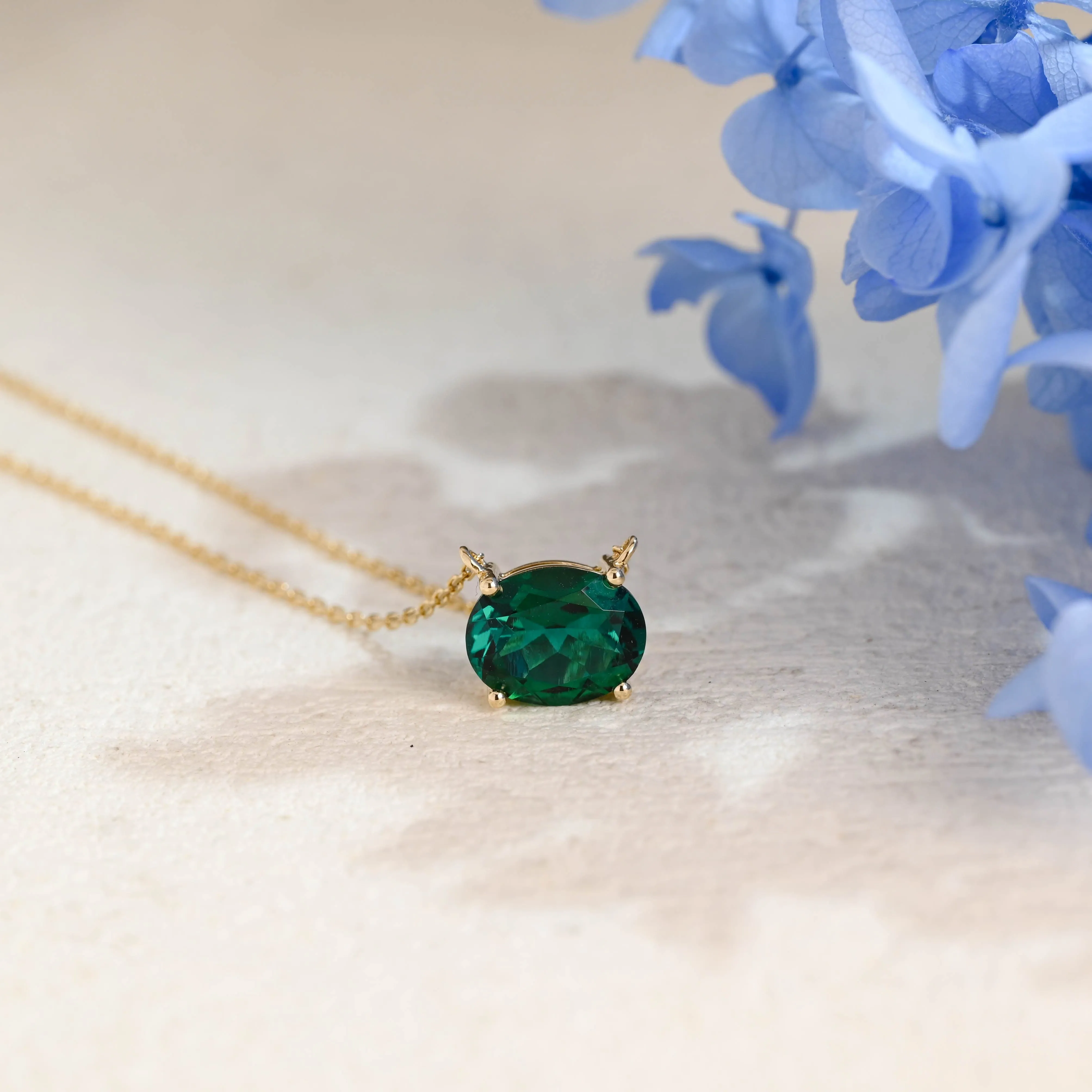 Solid Gold Oval Cut Lab Grown Emerald Pendant Necklace sold by Causyou product image thumbnail 5