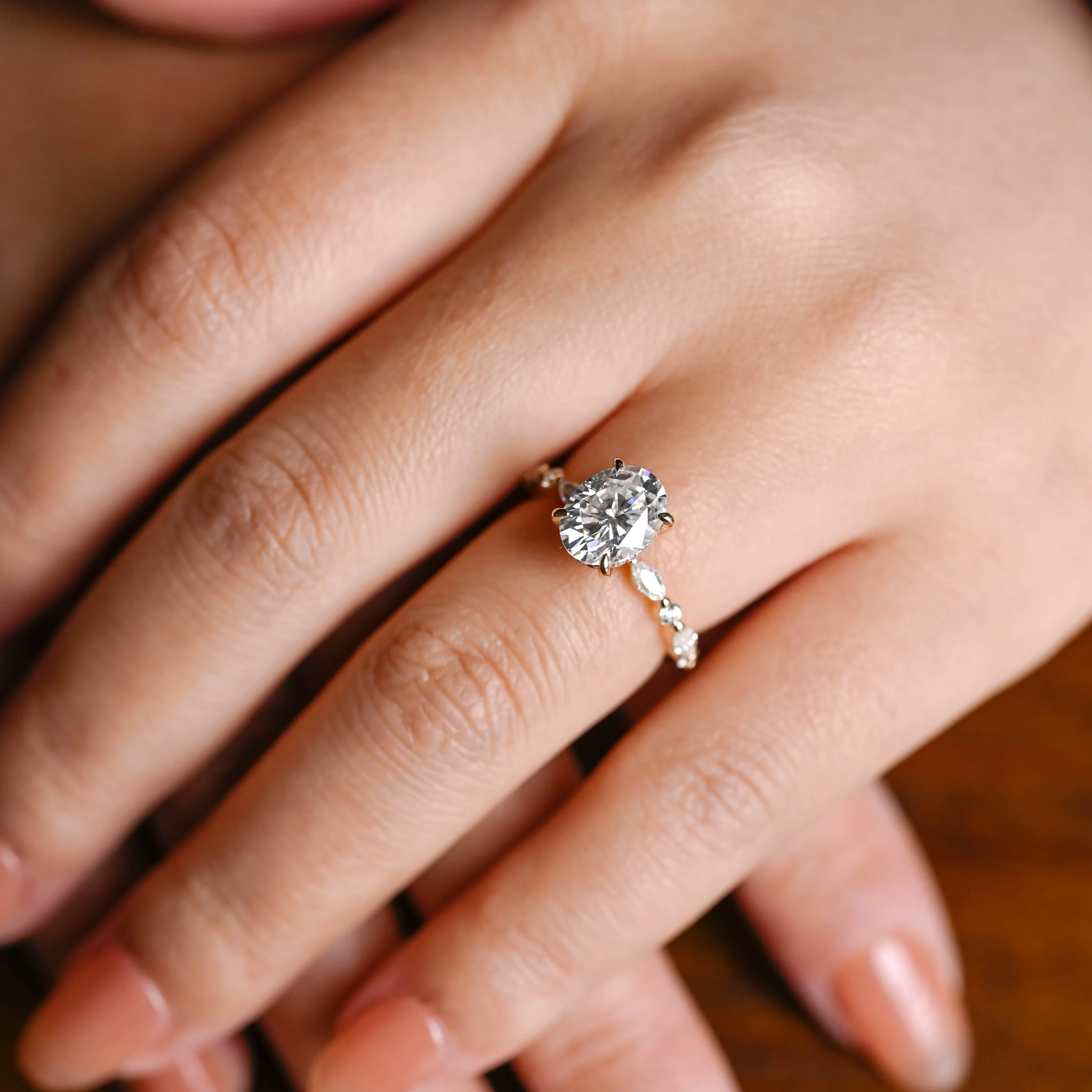 Solid Gold Hidden Halo Oval Cut Moissanite Engagement Ring sold by Causyou product image thumbnail 2