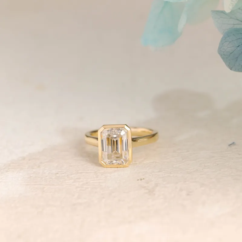 Solid Gold Solitaire Bezel Emerald Cut Moissanite Engagement Ring sold by Causyou