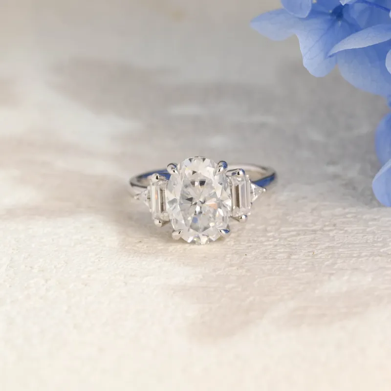Solid Gold Three Stone Oval Cut Moissanite Engagement Ring sold by Causyou