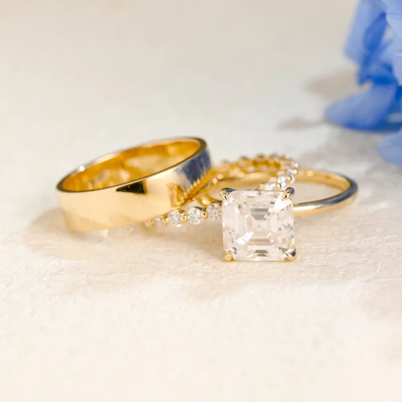 Solid Gold Solitaire Asscher Cut Moissanite Engagement Ring Set sold by Causyou