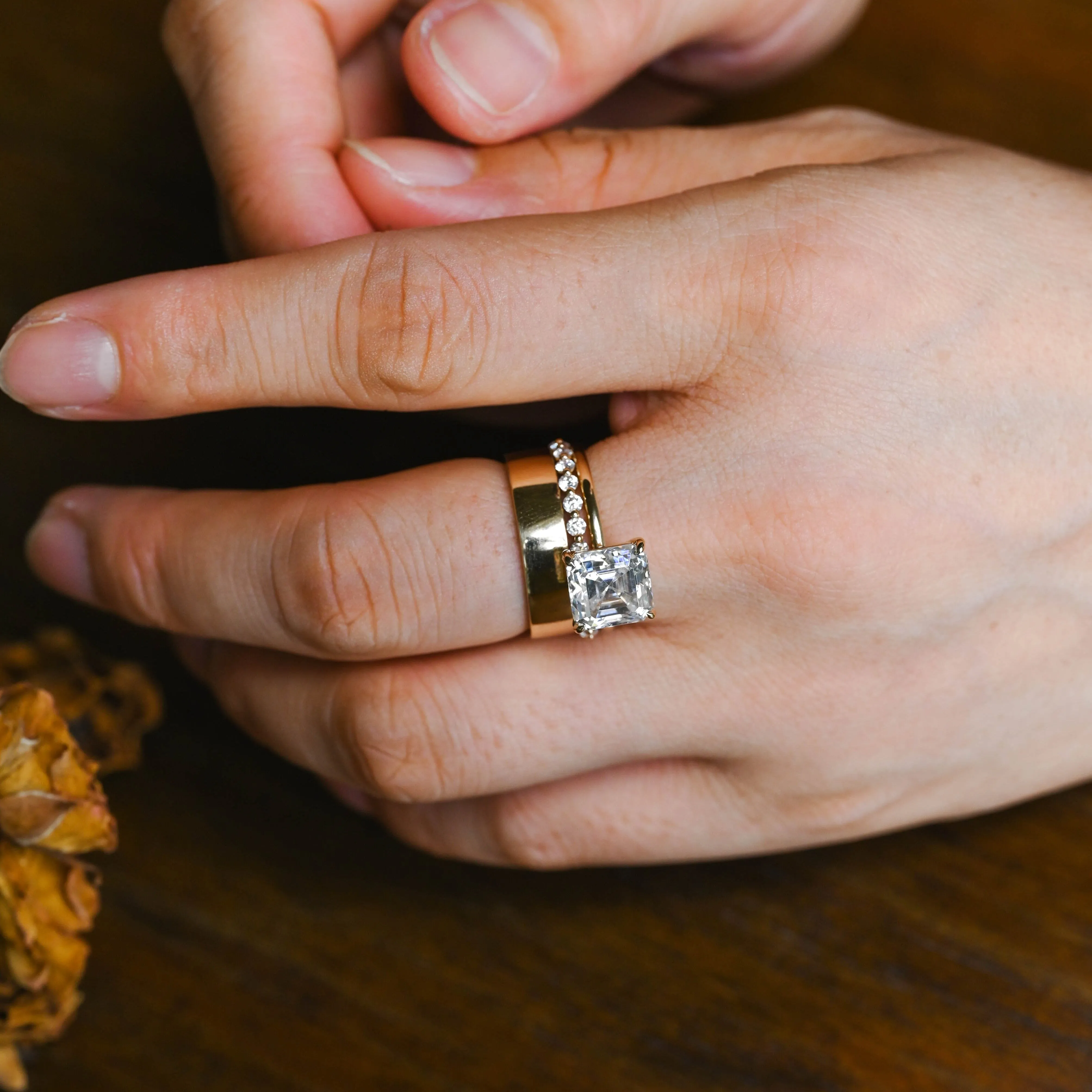 Solid Gold Solitaire Asscher Cut Moissanite Engagement Ring Set sold by Causyou product image thumbnail 2