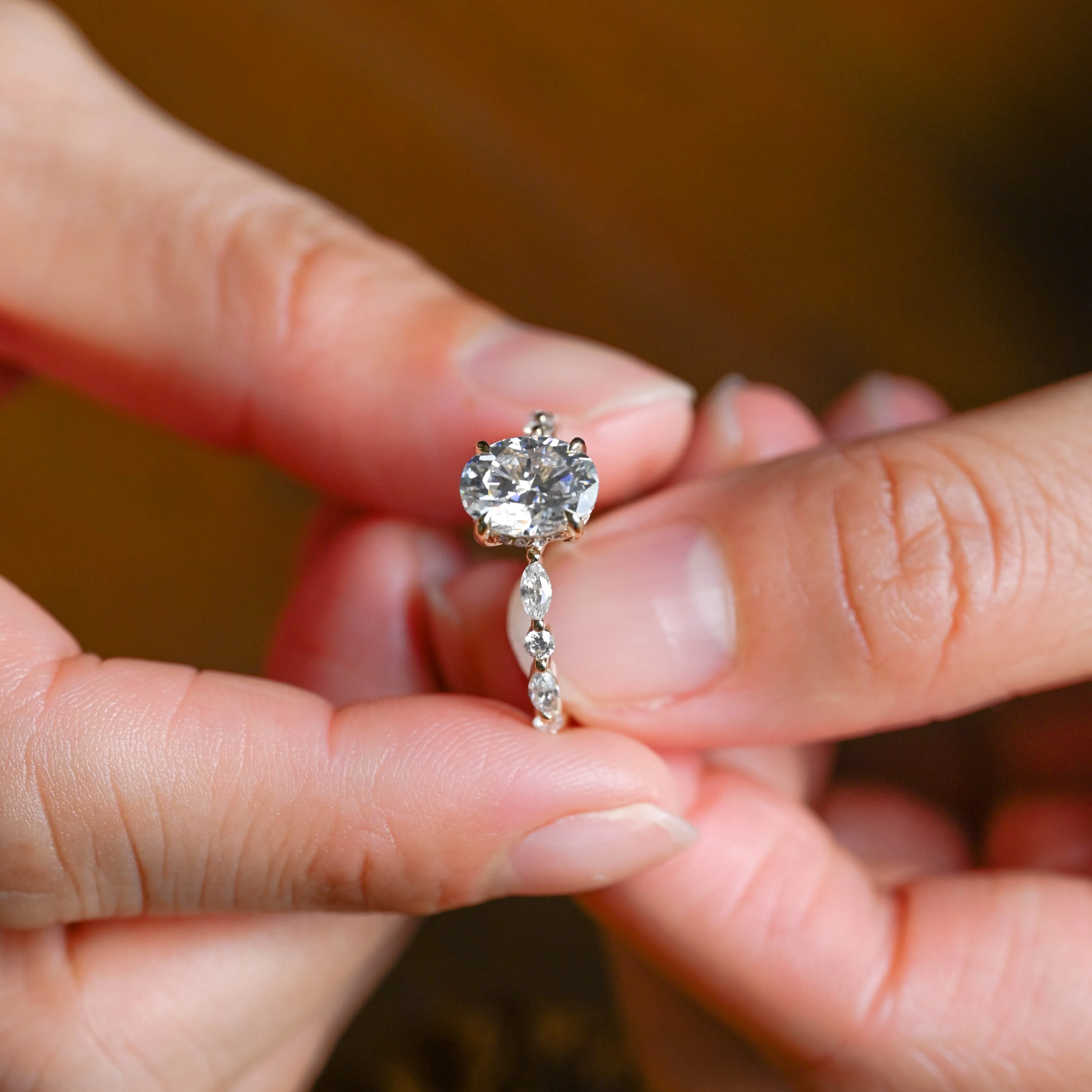 Solid Gold Hidden Halo Oval Cut Moissanite Engagement Ring sold by Causyou product image thumbnail 3