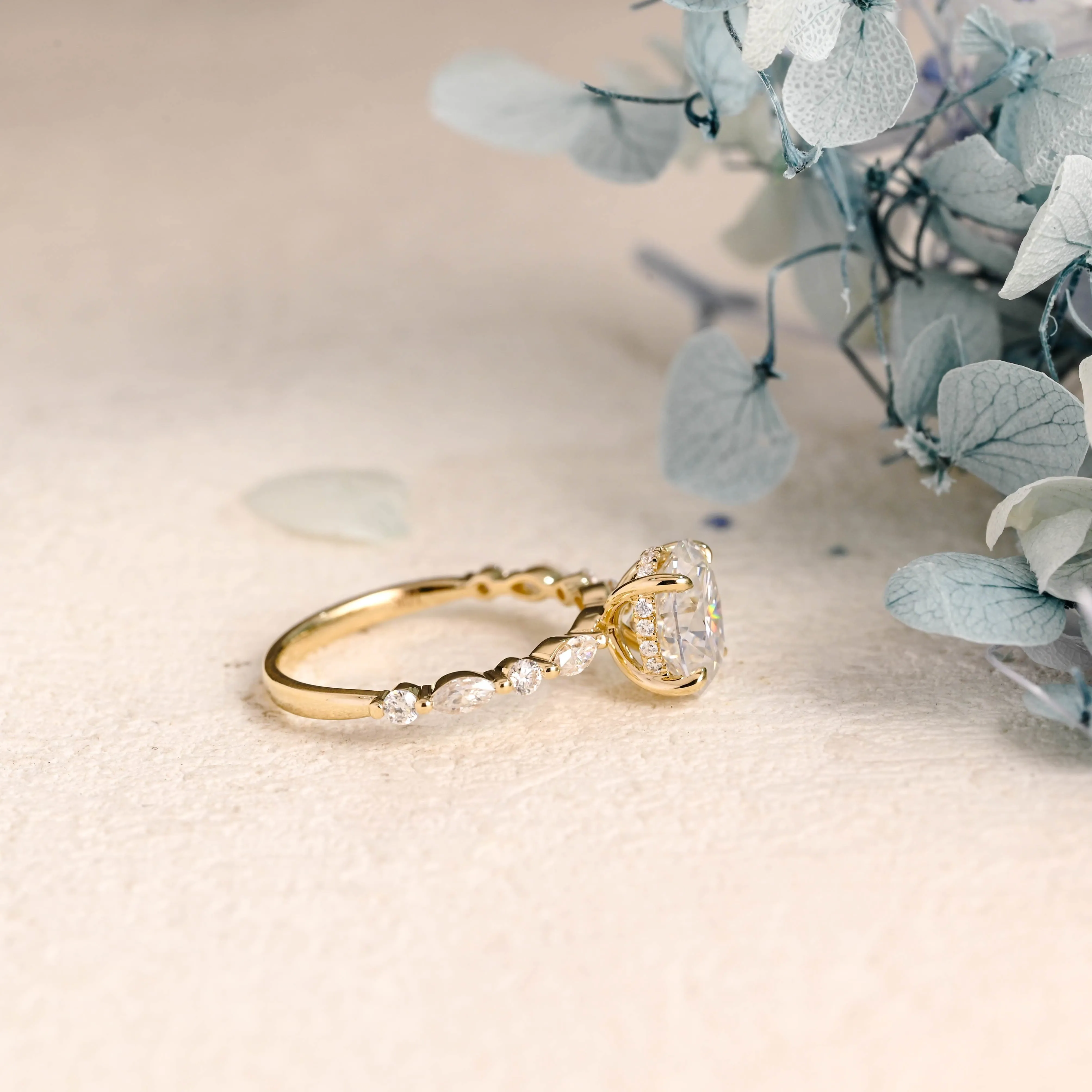 Solid Gold Hidden Halo Oval Cut Moissanite Engagement Ring sold by Causyou product image thumbnail 4