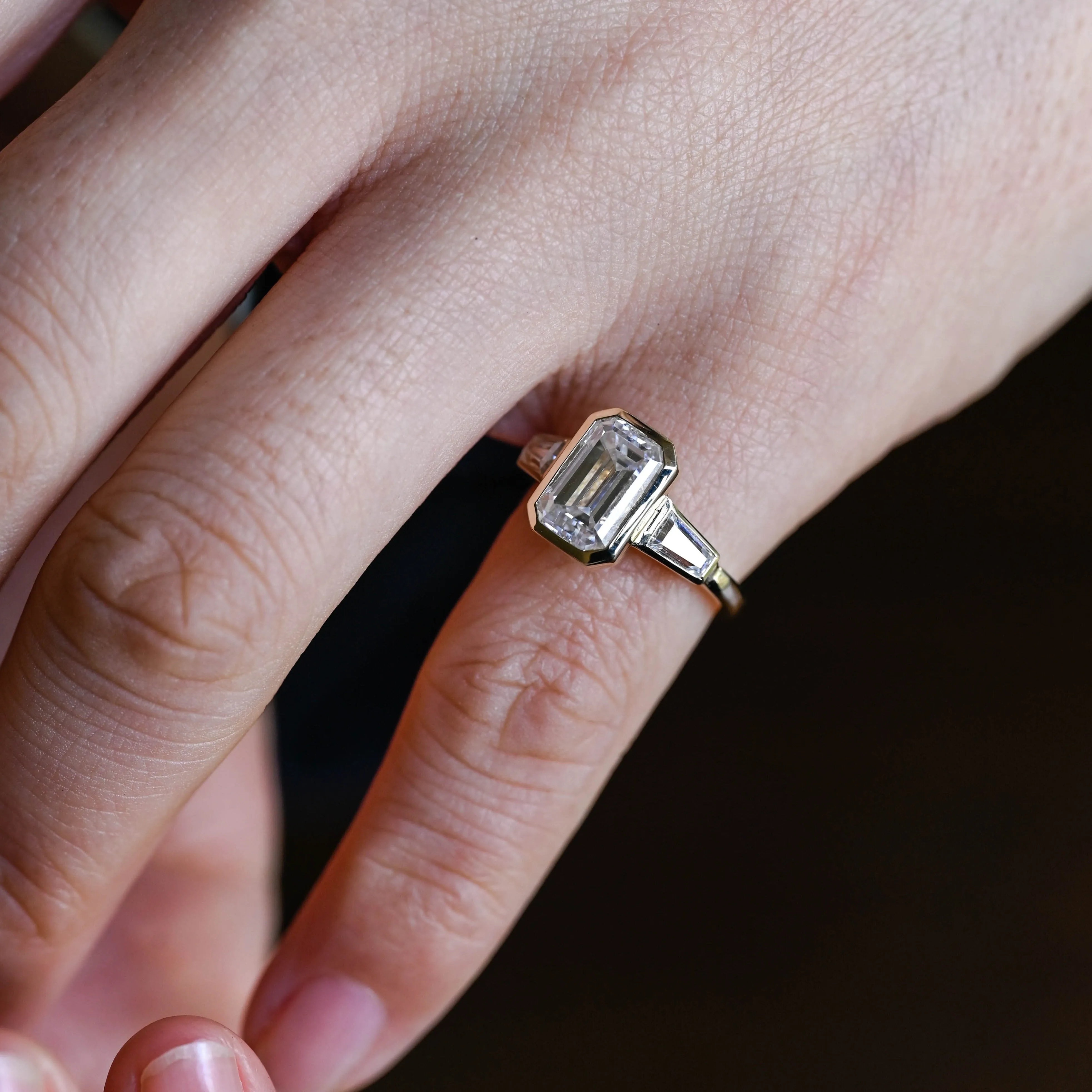 Solid Gold Bezel Emerald Cut Moissanite Engagement Ring sold by Causyou product image thumbnail 4