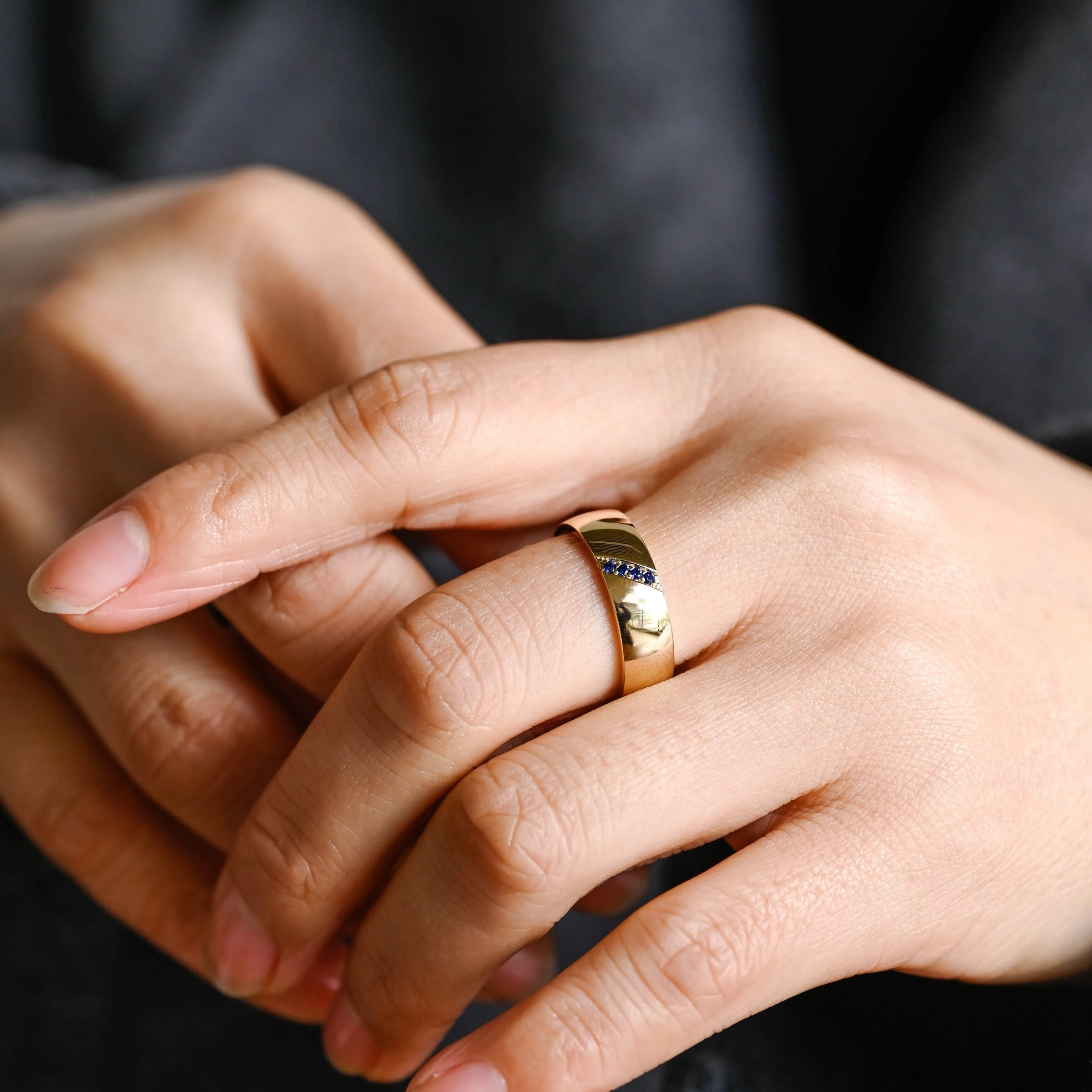 Solid Gold 6mm Width Round Cut Blue Sapphire Wedding Band sold by Causyou product image thumbnail 3