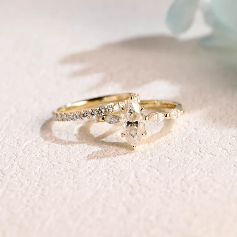 Solid Gold Hidden Halo Marquise Cut Moissanite Engagement Ring Set sold by Causyou