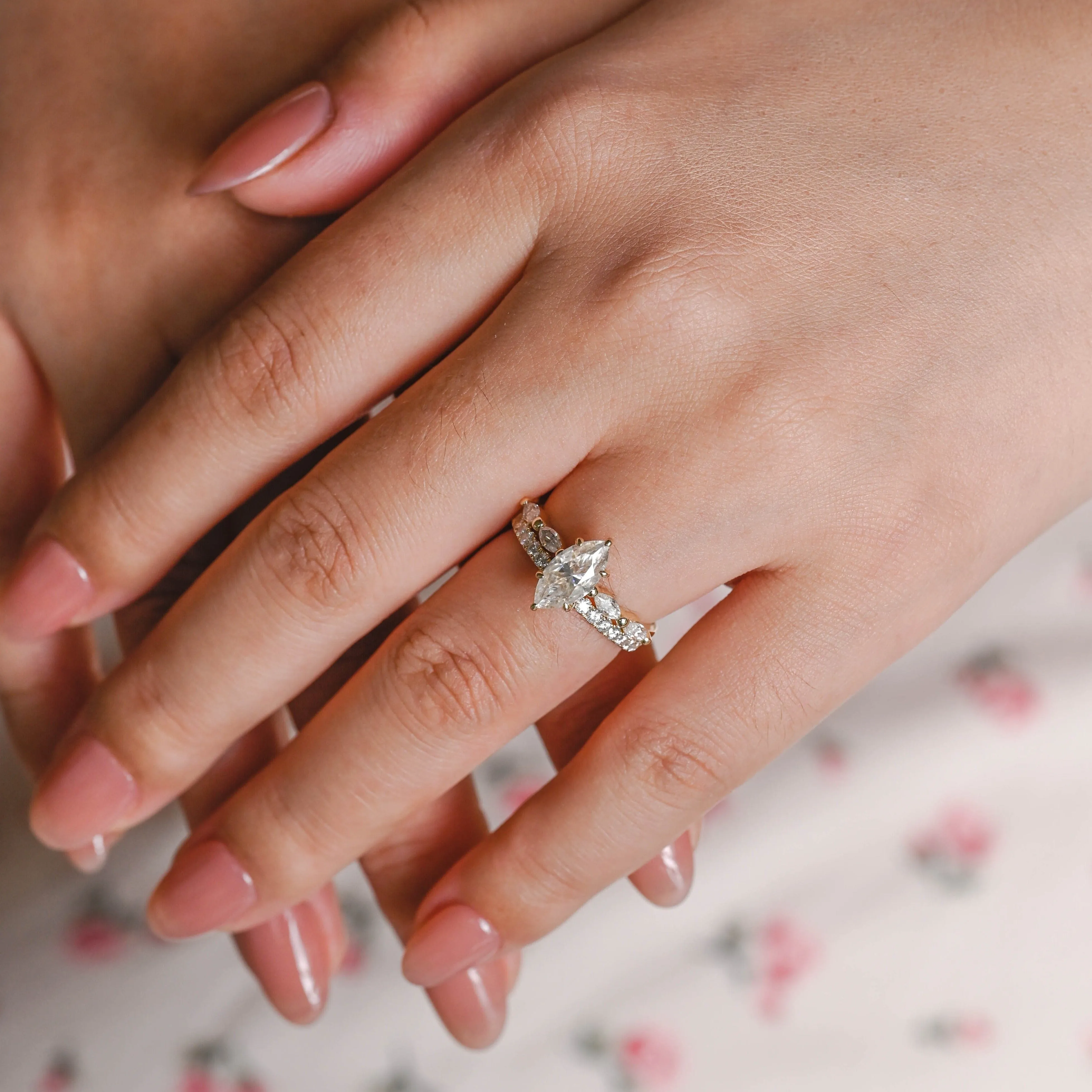 Solid Gold Hidden Halo Marquise Cut Moissanite Engagement Ring Set sold by Causyou product image thumbnail 3