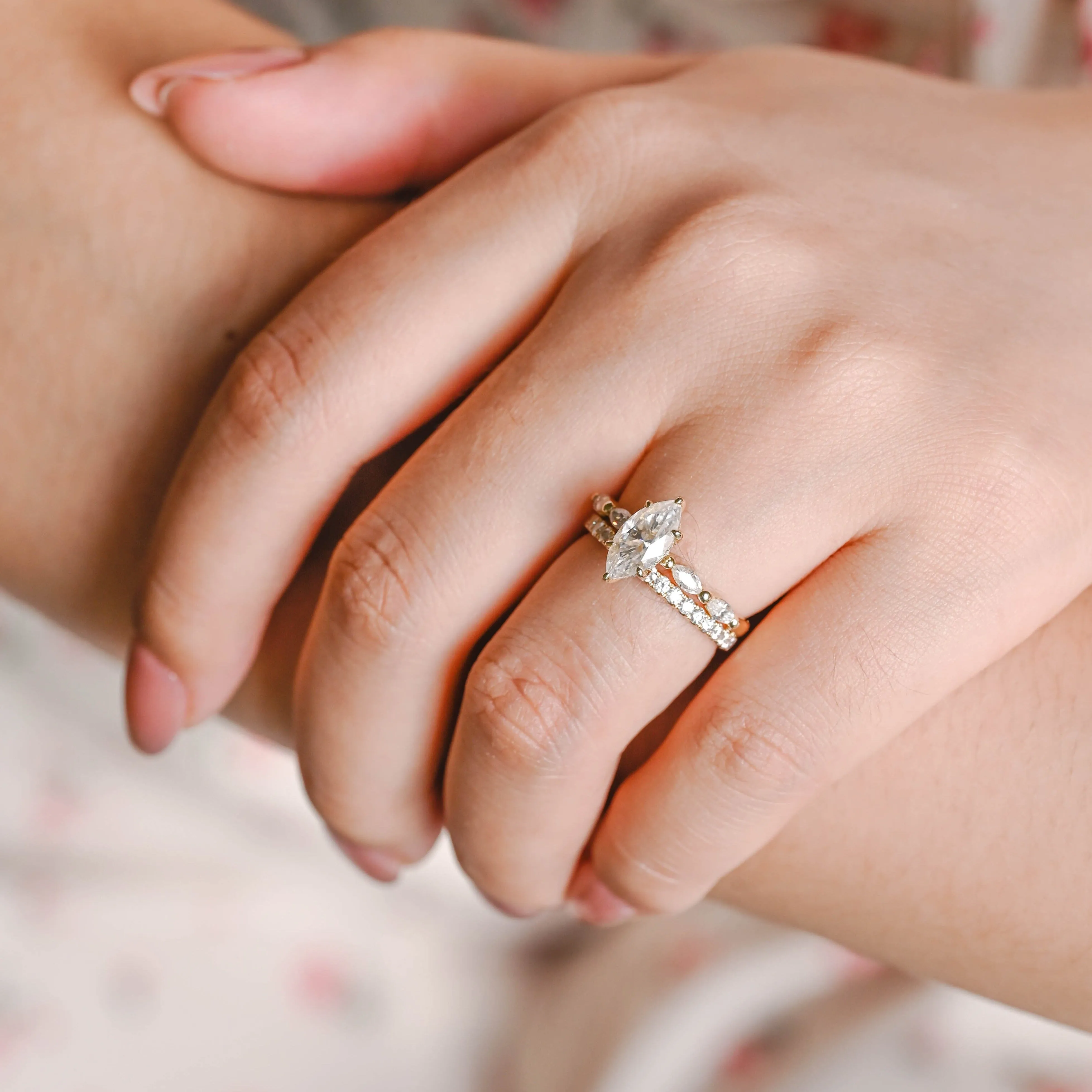 Solid Gold Hidden Halo Marquise Cut Moissanite Engagement Ring Set sold by Causyou product image thumbnail 4