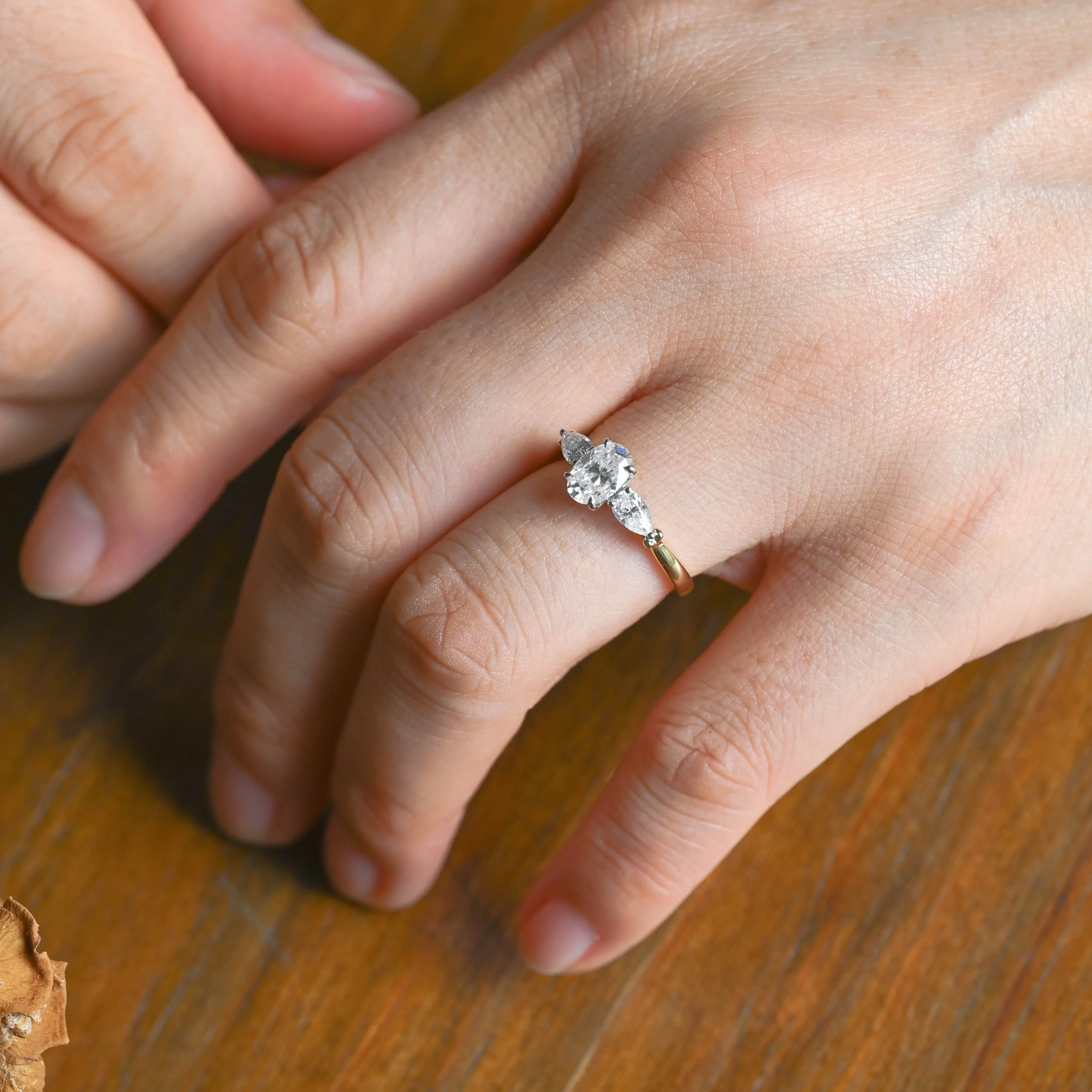 Solid Gold Two Tone Three Stone Oval Cut Moissanite Engagement Ring sold by Causyou product image thumbnail 4