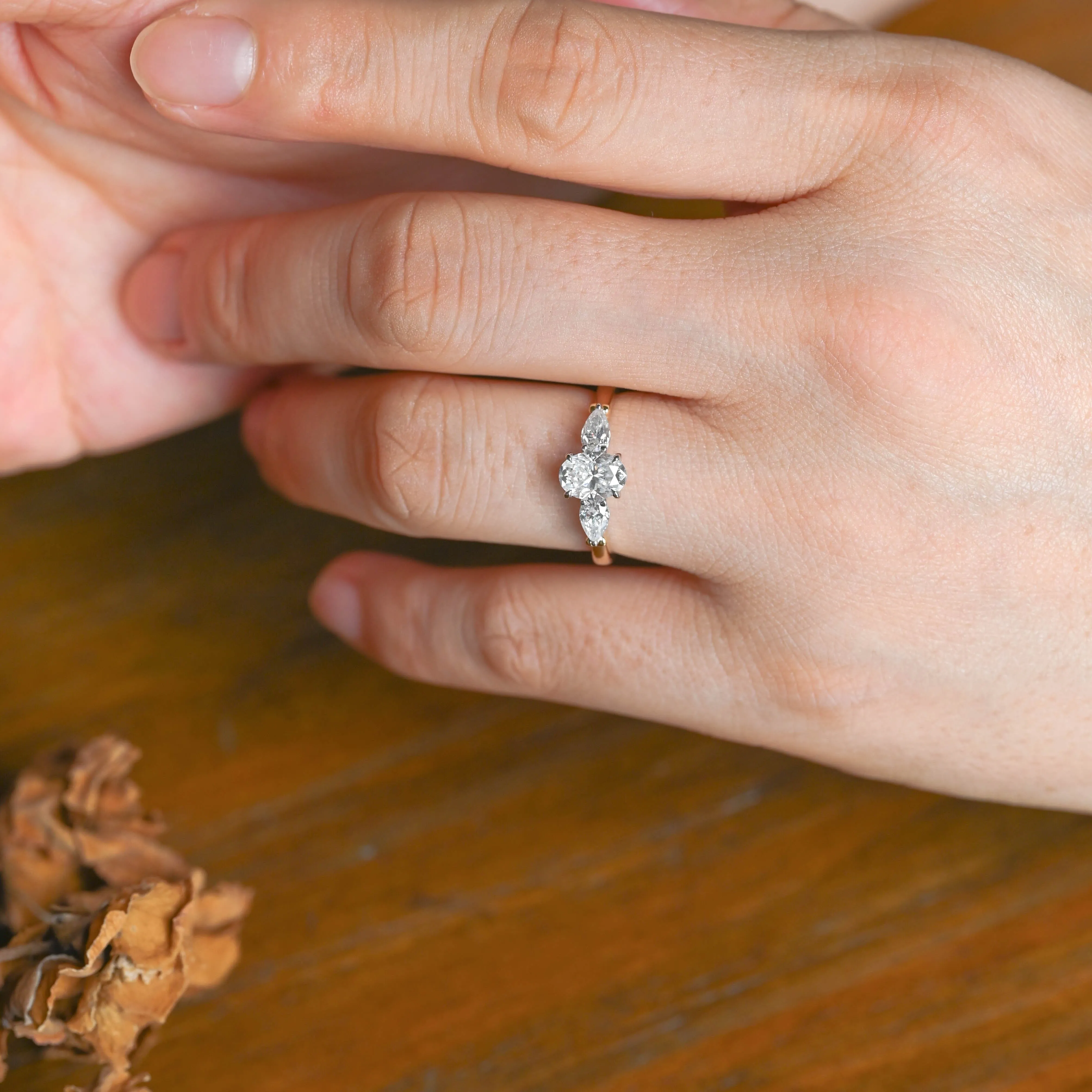 Solid Gold Two Tone Three Stone Oval Cut Moissanite Engagement Ring sold by Causyou product image thumbnail 2