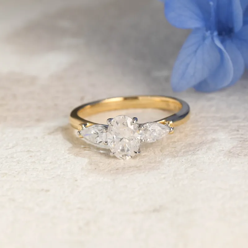 Solid Gold Two Tone Three Stone Oval Cut Moissanite Engagement Ring sold by Causyou