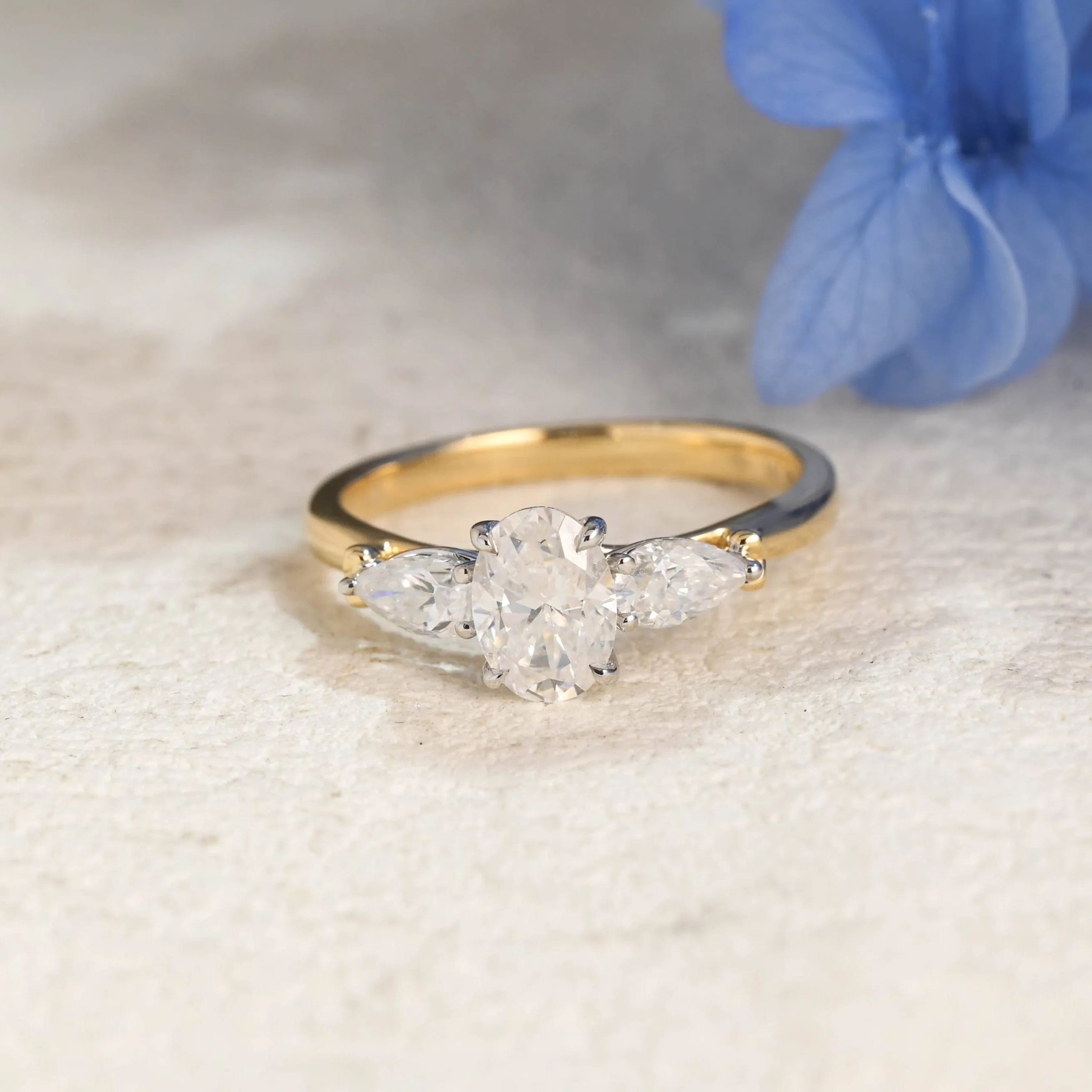 Solid Gold Two Tone Three Stone Oval Cut Moissanite Engagement Ring sold by Causyou