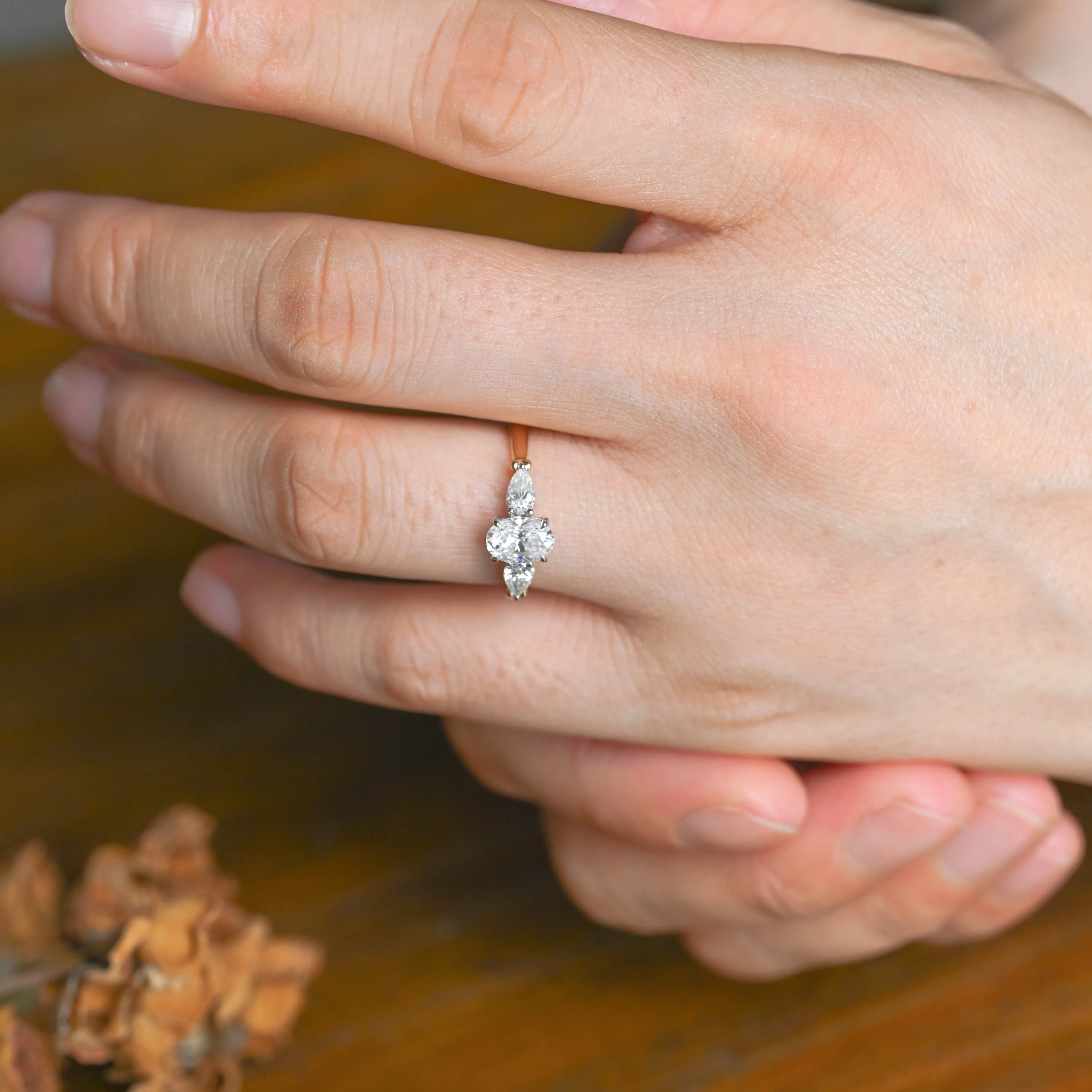 Solid Gold Two Tone Three Stone Oval Cut Moissanite Engagement Ring sold by Causyou product image thumbnail 3