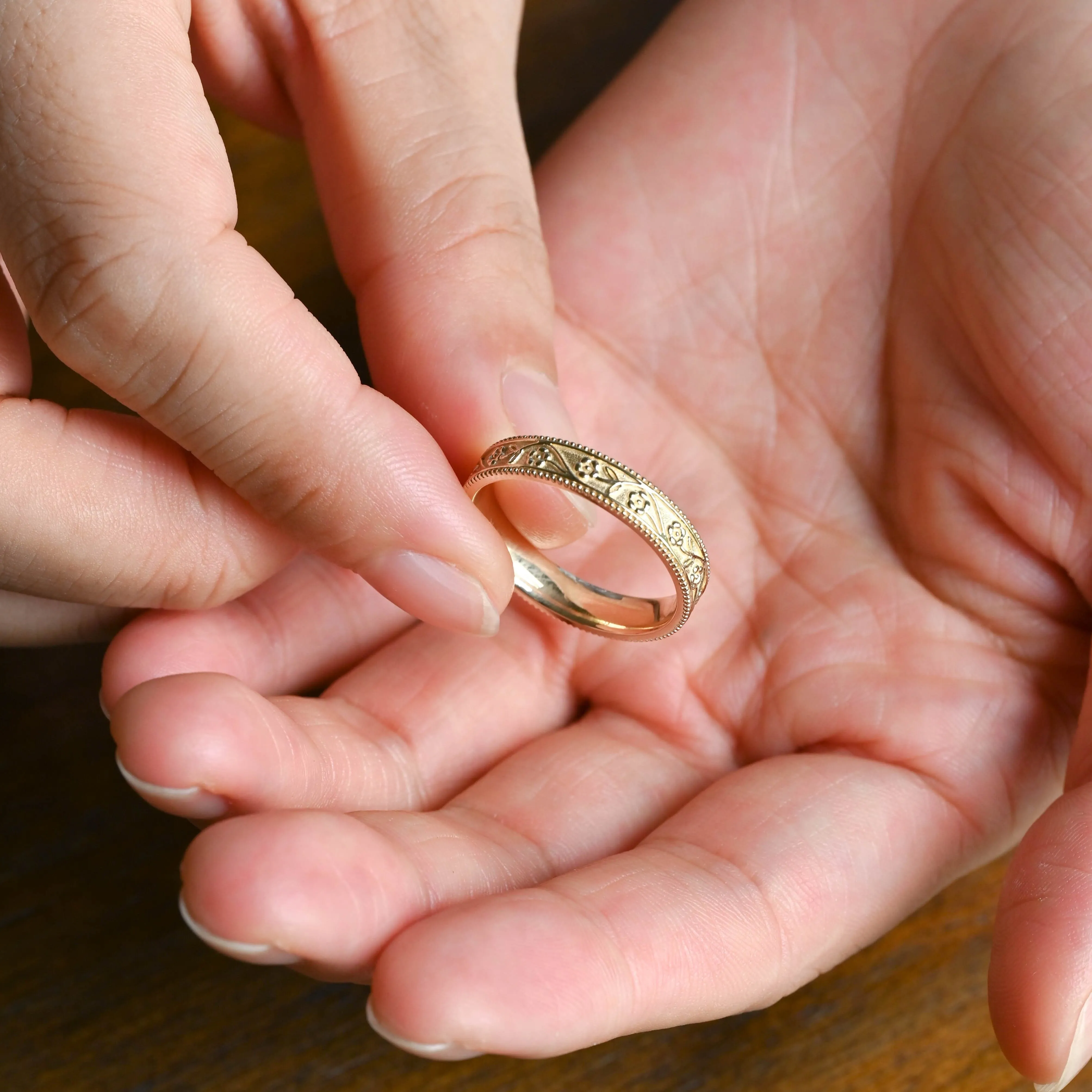 Solid Gold Vintage Flower Milgrain Ring, 4mm Floral Engraved Wedding Band sold by Causyou product image thumbnail 4