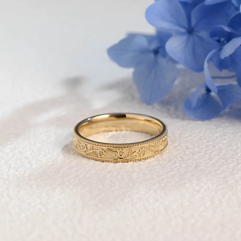 Solid Gold Vintage Flower Milgrain Ring, 4mm Floral Engraved Wedding Band sold by Causyou