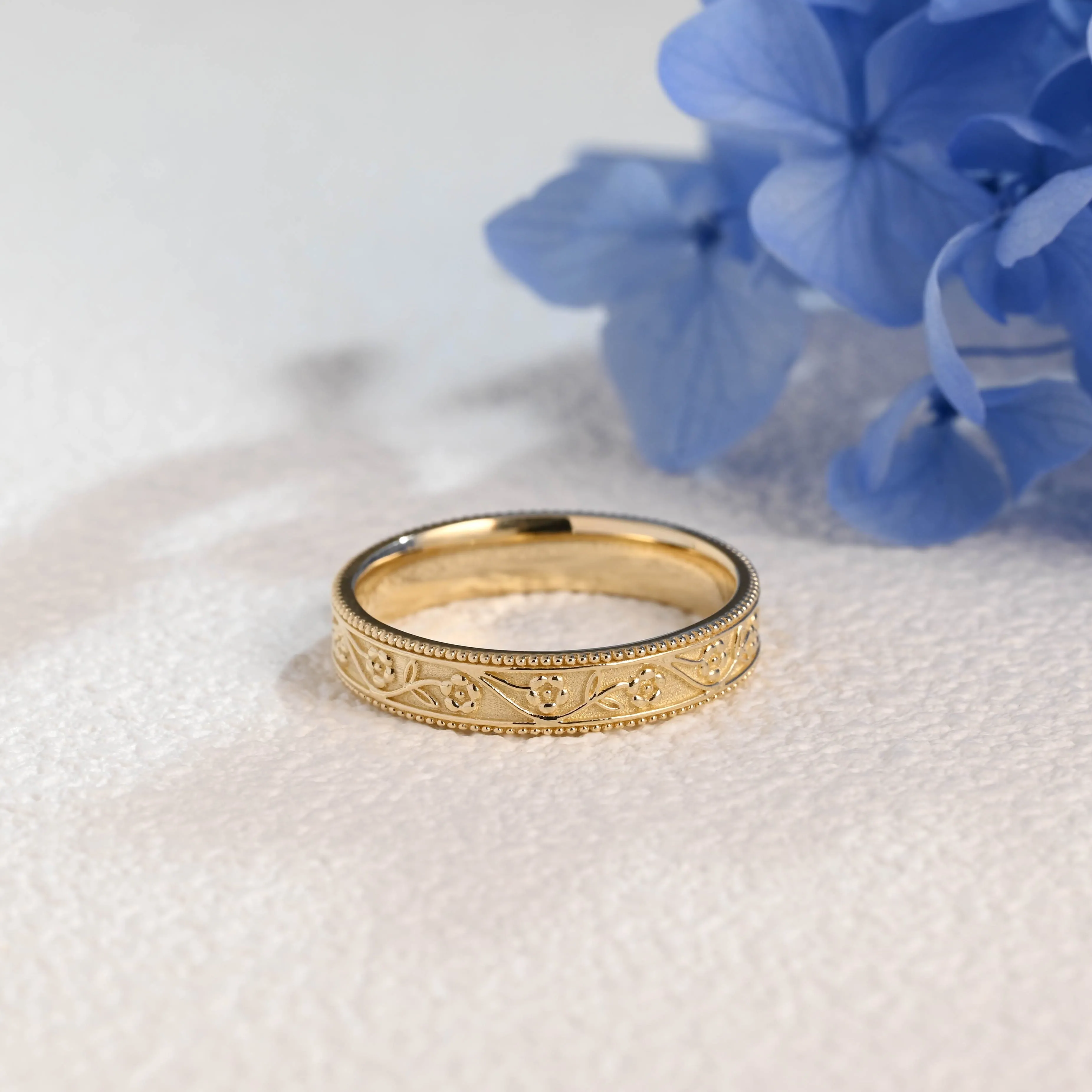 Solid Gold Vintage Flower Milgrain Ring, 4mm Floral Engraved Wedding Band sold by Causyou
