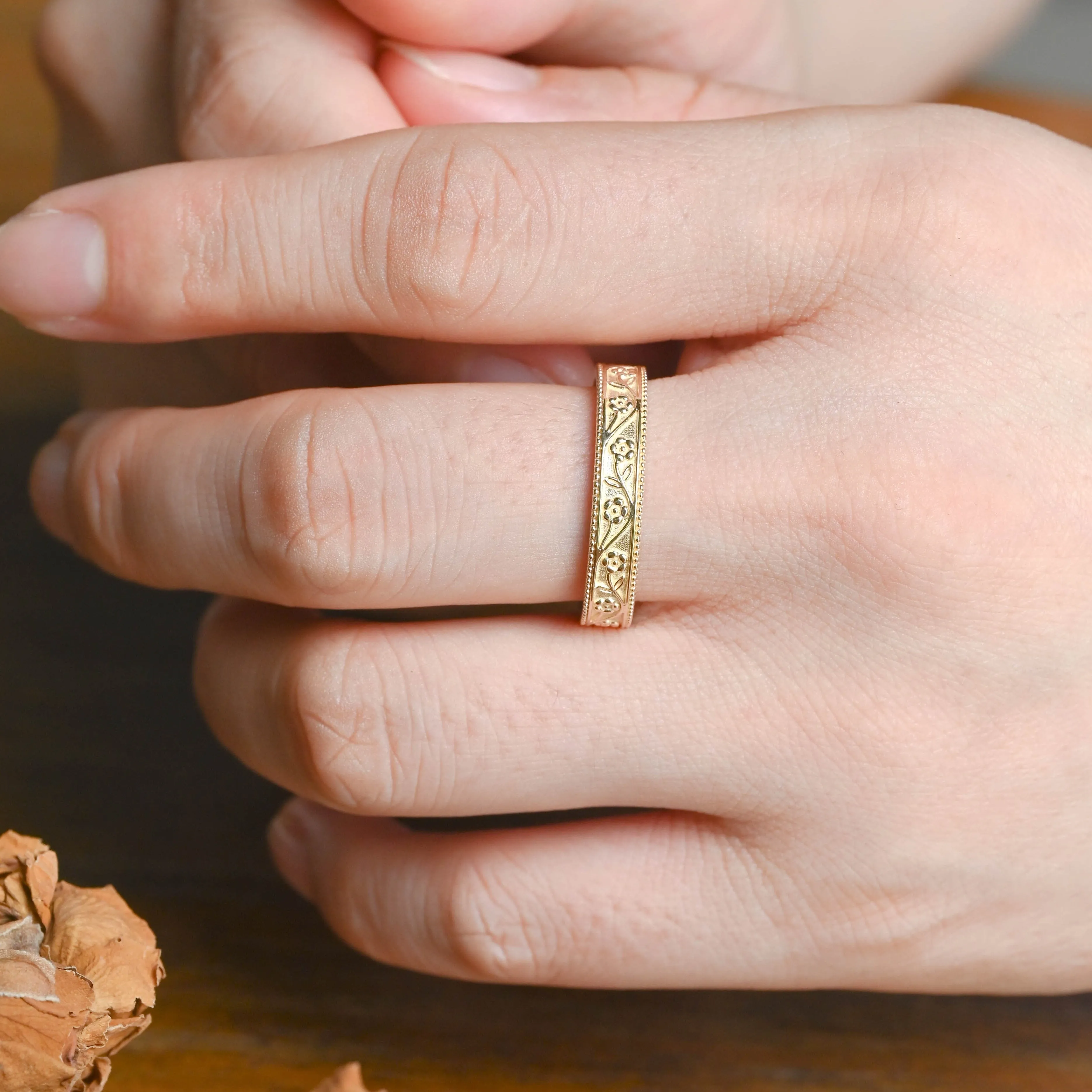 Solid Gold Vintage Flower Milgrain Ring, 4mm Floral Engraved Wedding Band sold by Causyou product image thumbnail 3
