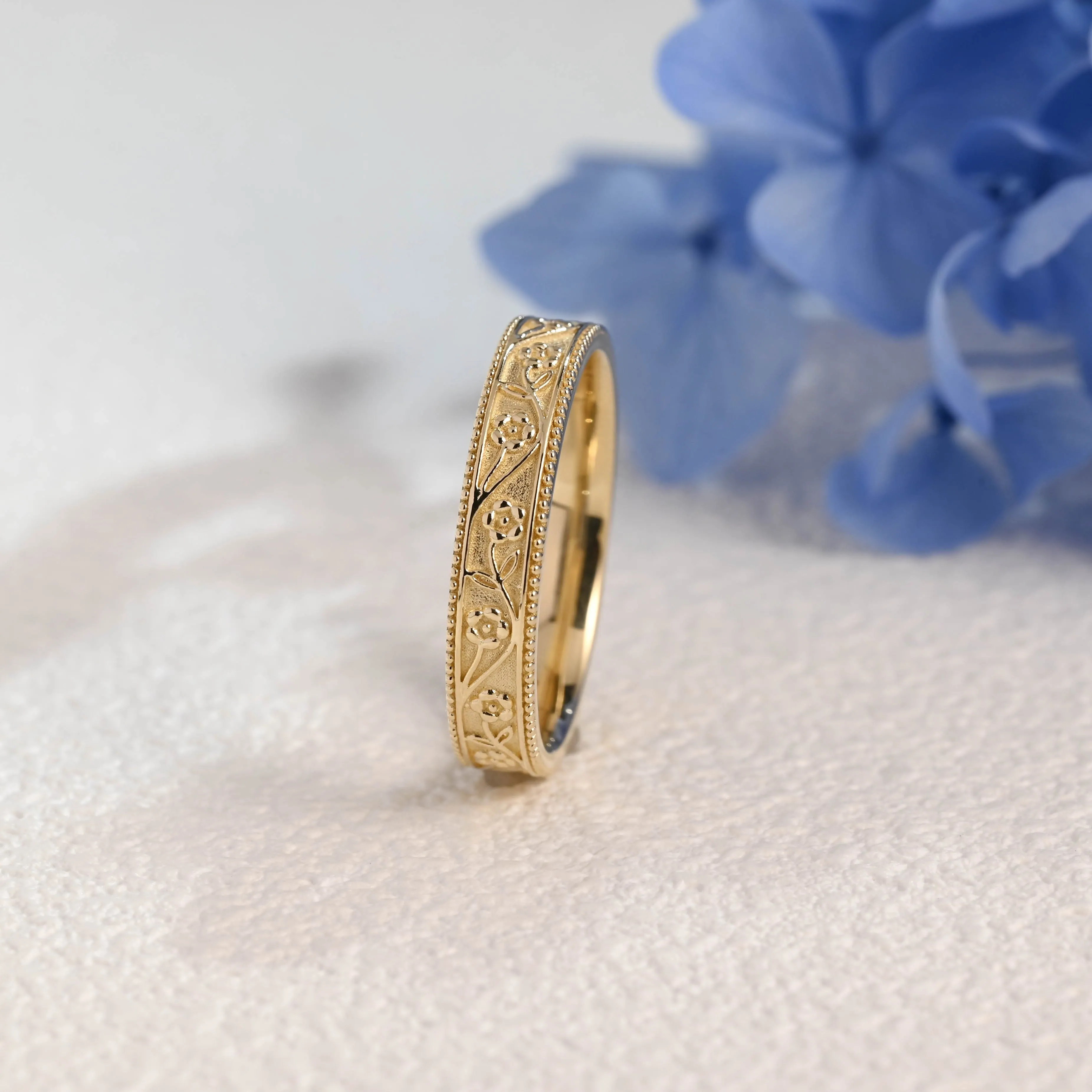 Solid Gold Vintage Flower Milgrain Ring, 4mm Floral Engraved Wedding Band sold by Causyou product image thumbnail 5